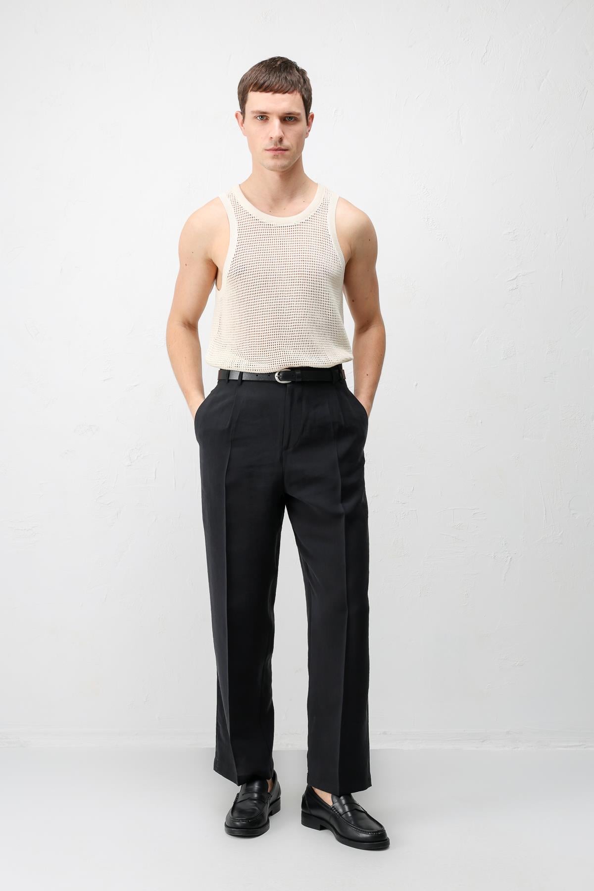 Antioch Siyah Lyocell Relaxed Fit Pileli Erkek Pantolon