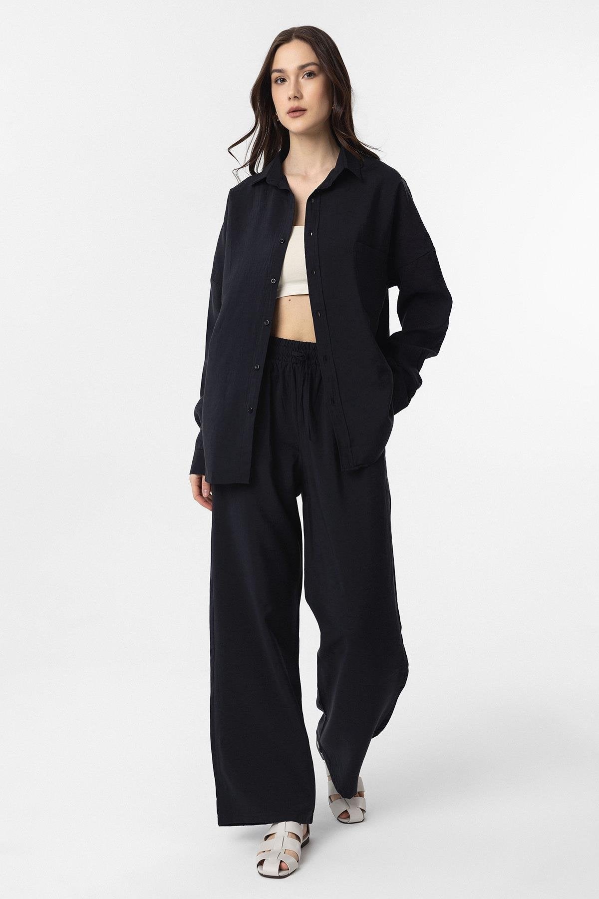 Antioch-Siyah Modal Kadın Gömlek Pantolon Takım-Alt - Üst Takım-1-Milagron.com