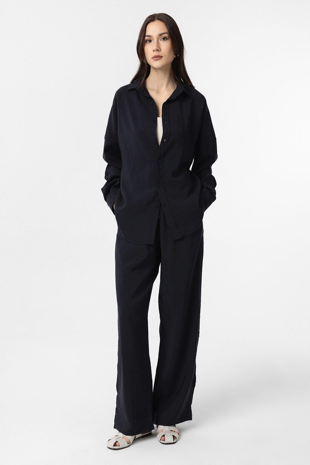 Antioch-Siyah Modal Kadın Gömlek Pantolon Takım-Alt - Üst Takım-2-Milagron.com