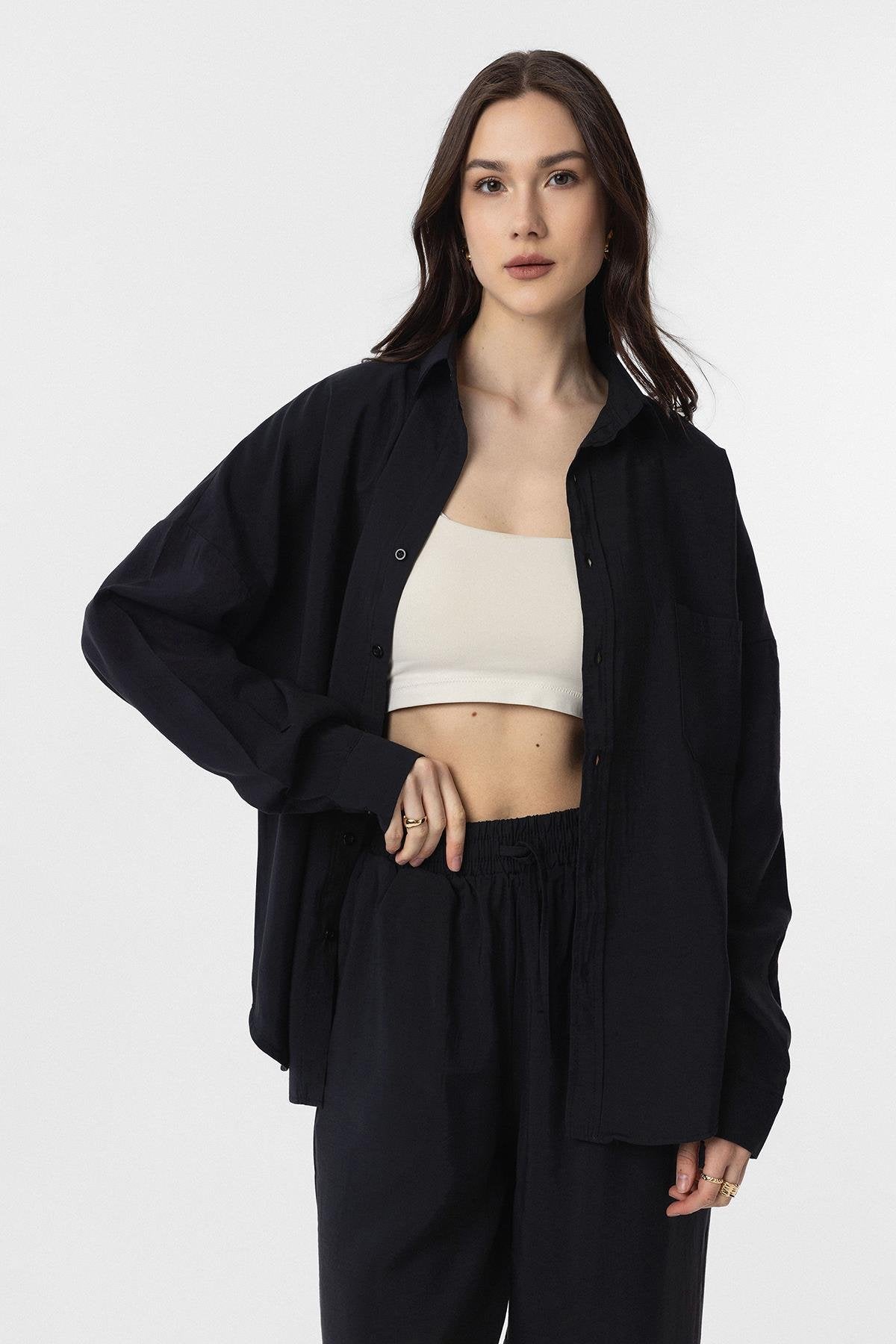 Antioch-Siyah Modal Kadın Gömlek Pantolon Takım-Alt - Üst Takım-3-Milagron.com