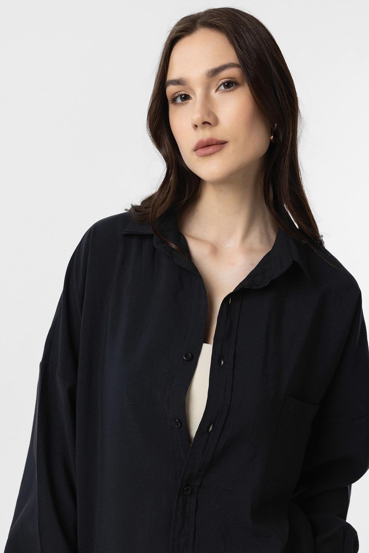 Antioch-Siyah Modal Kadın Gömlek Pantolon Takım-Alt - Üst Takım-4-Milagron.com