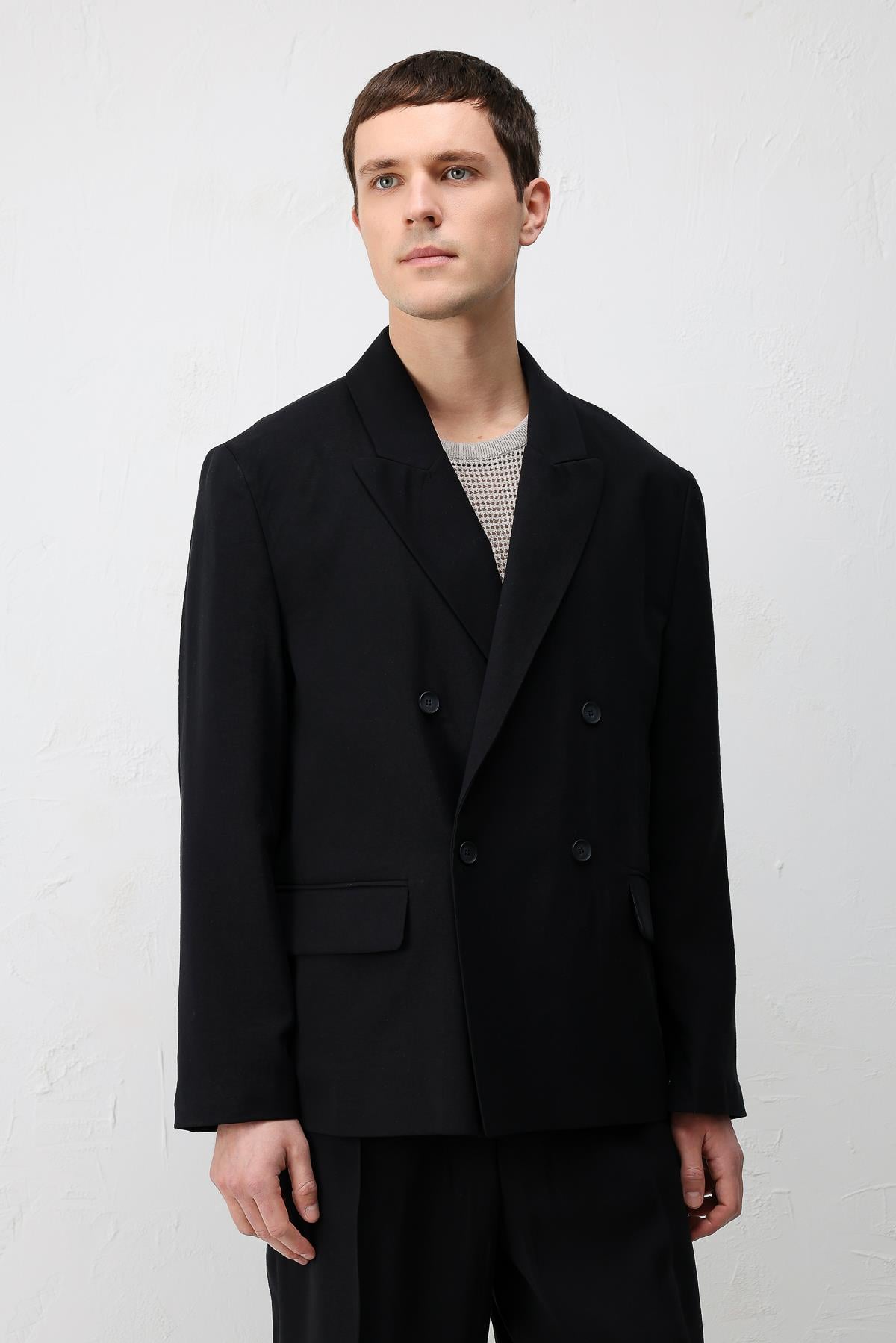 Antioch Siyah Modal Karışımlı Relaxed Fit Erkek Blazer Ceket