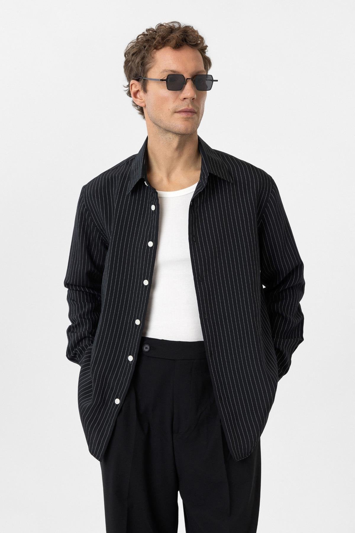 Antioch-Siyah Modal Kumaş Relax Fit Çizgili Erkek Gömlek-Gömlek-1-Milagron.com