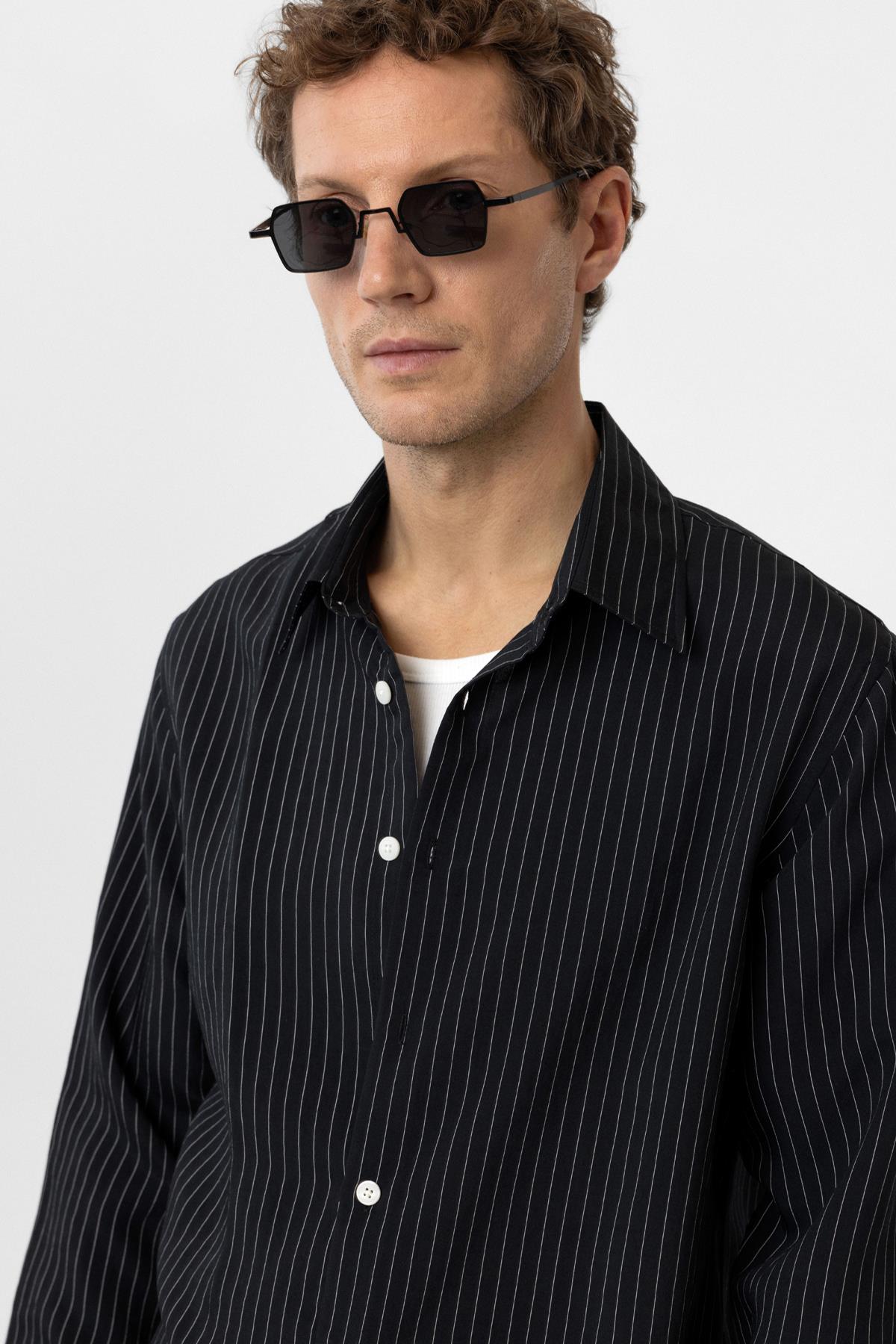 Antioch-Siyah Modal Kumaş Relax Fit Çizgili Erkek Gömlek-Gömlek-4-Milagron.com