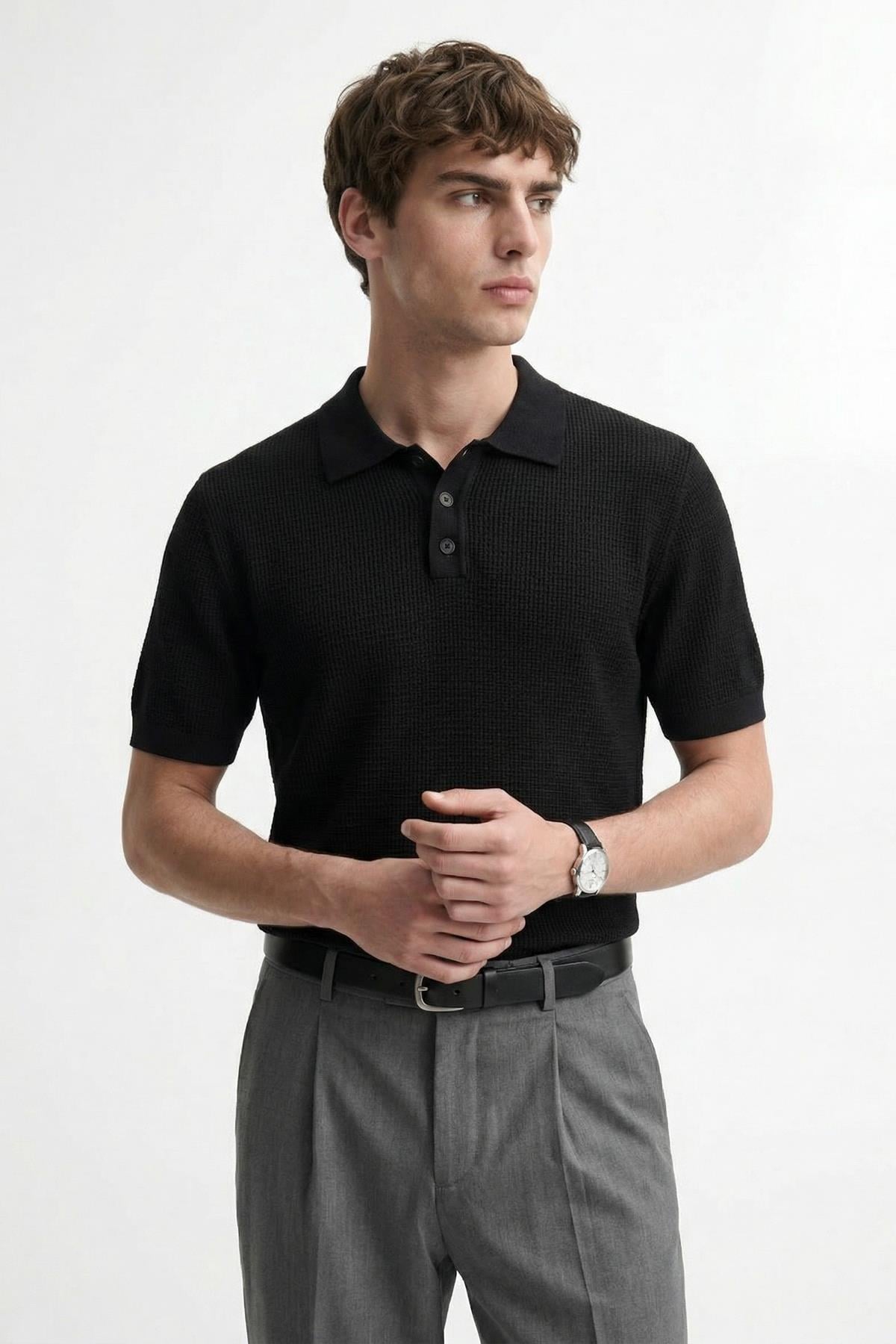 Antioch Siyah Örgü Dokulu Polo Yaka Erkek T-Shirt