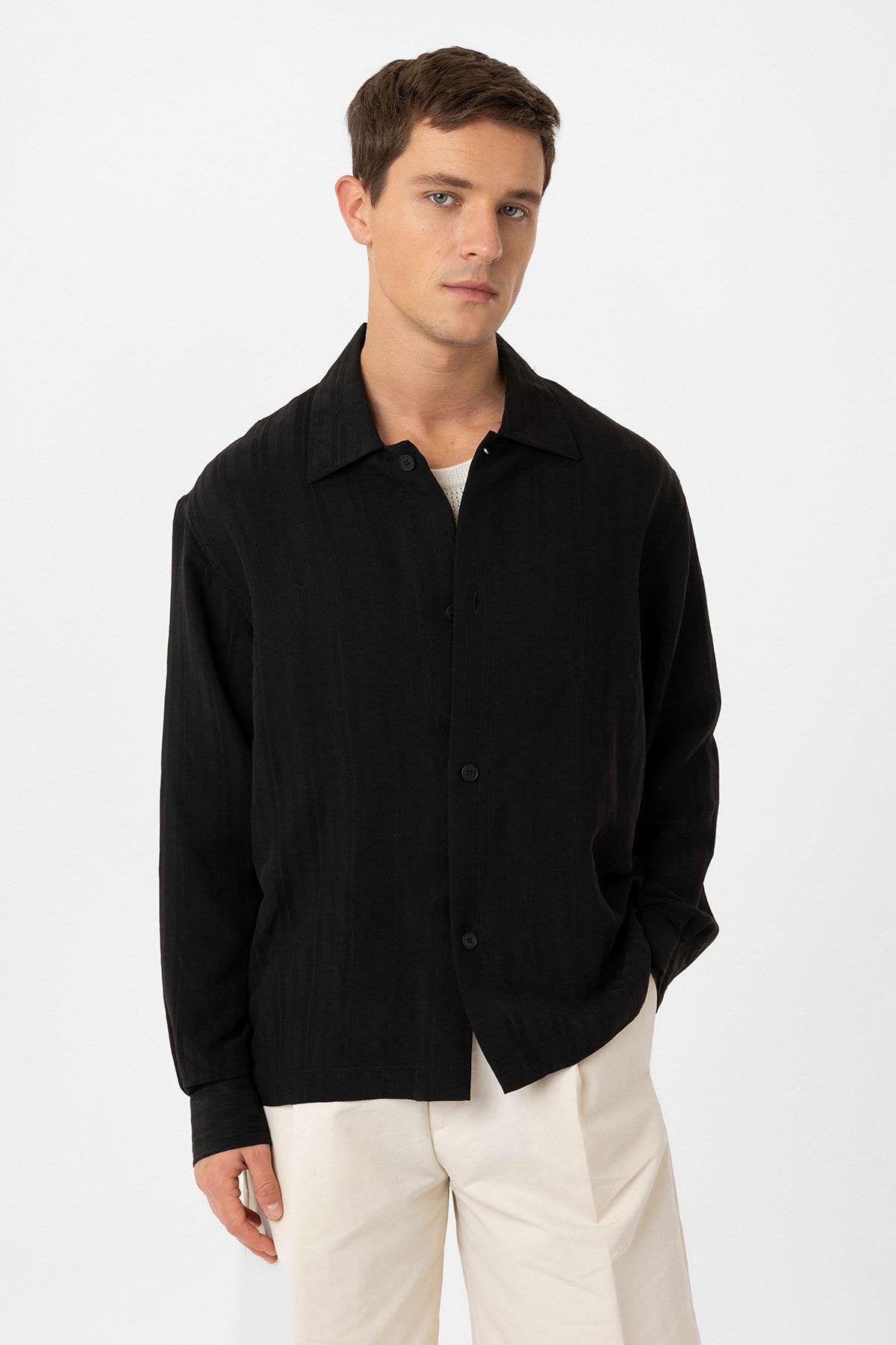 Antioch-Siyah Oversize Dokulu Erkek Gömlek-Gömlek-2-Milagron.com