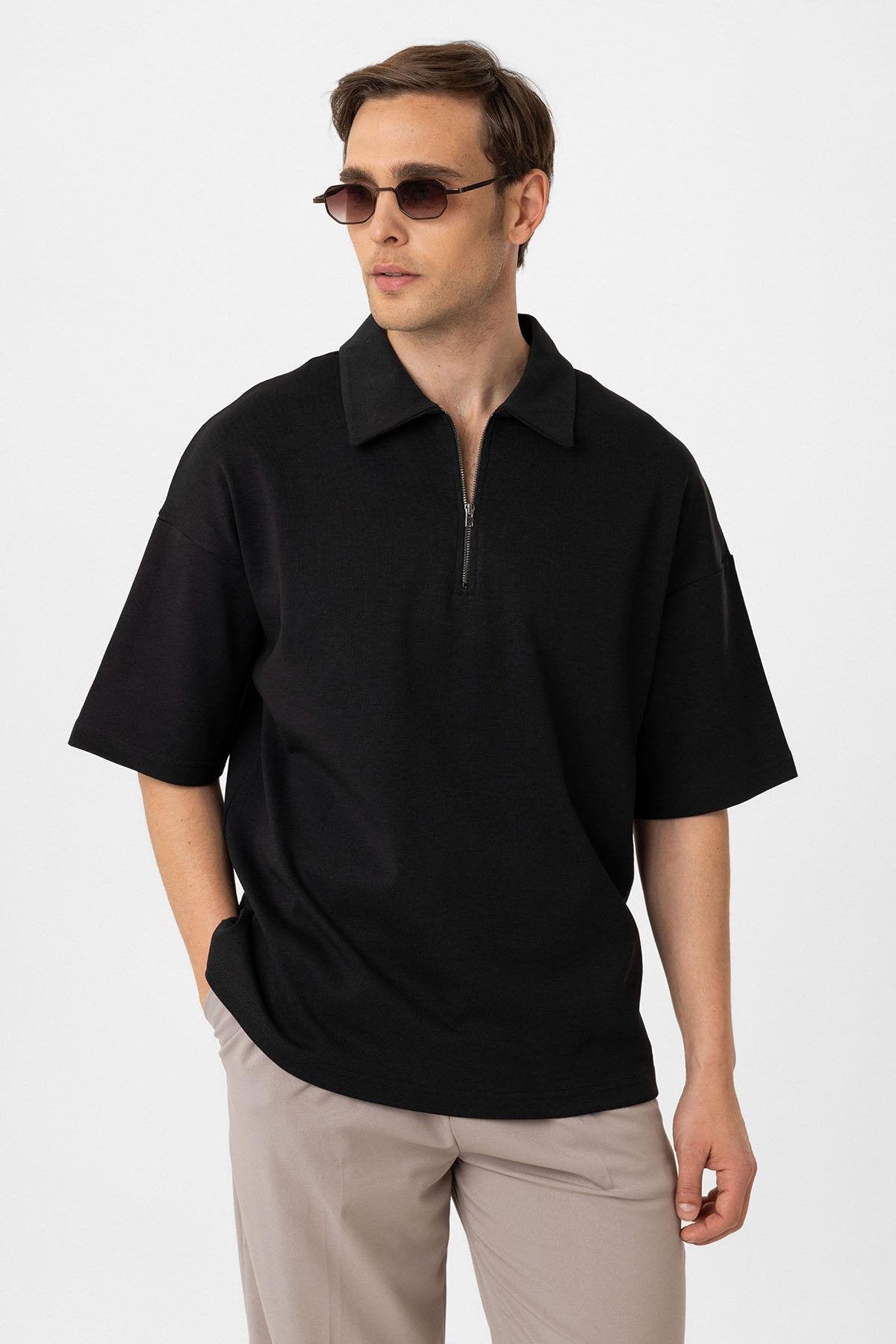 Antioch-Siyah Oversize Polo Yaka Fermuarlı Erkek T Shirt-T-Shirts-2-Milagron.com