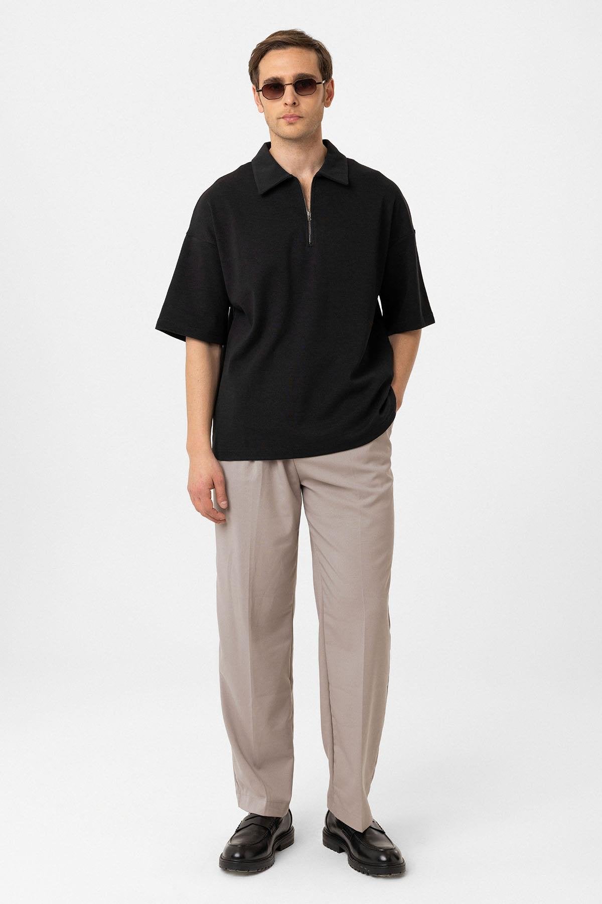 Antioch-Siyah Oversize Polo Yaka Fermuarlı Erkek T Shirt-T-Shirts-3-Milagron.com