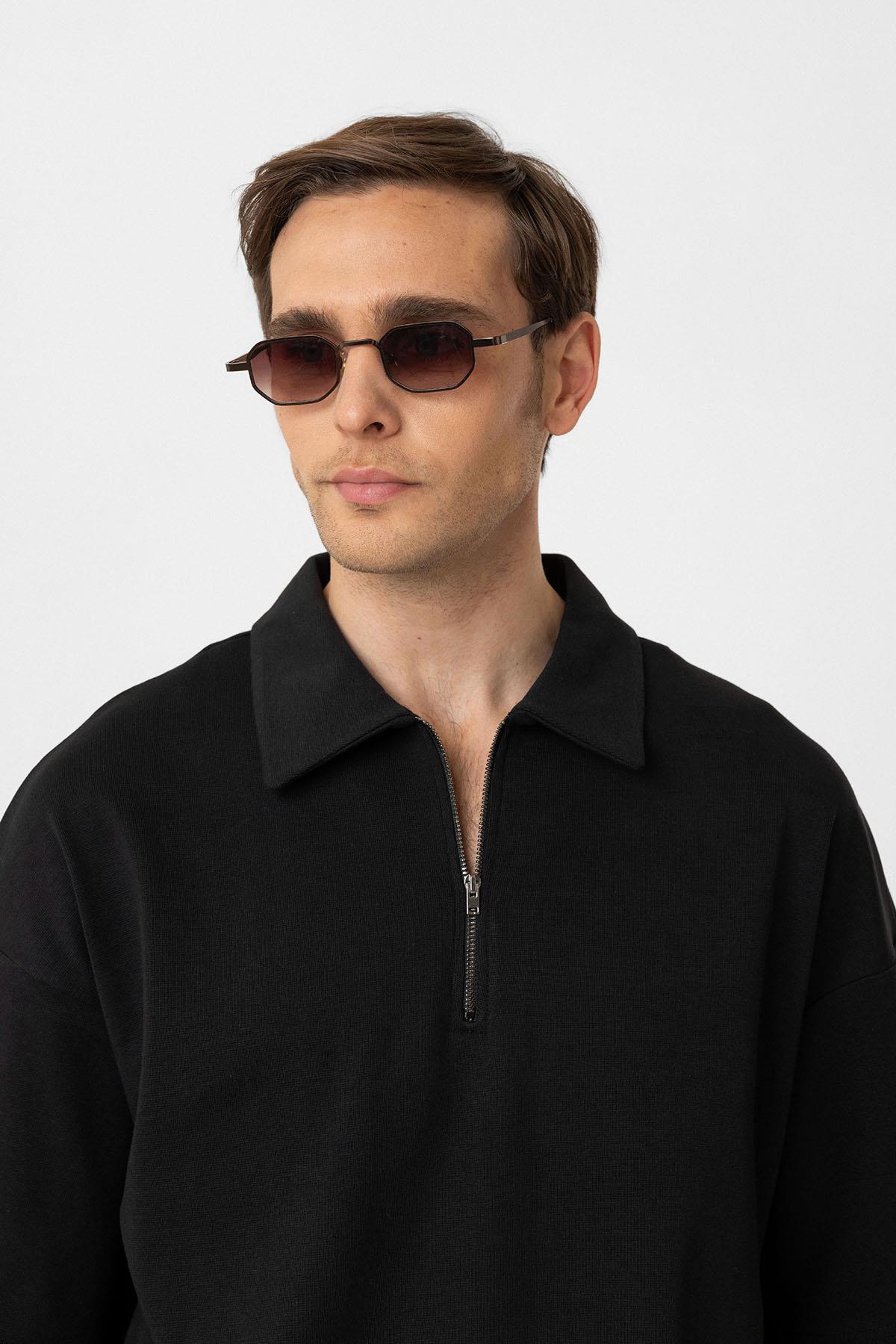 Antioch-Siyah Oversize Polo Yaka Fermuarlı Erkek T Shirt-T-Shirts-4-Milagron.com