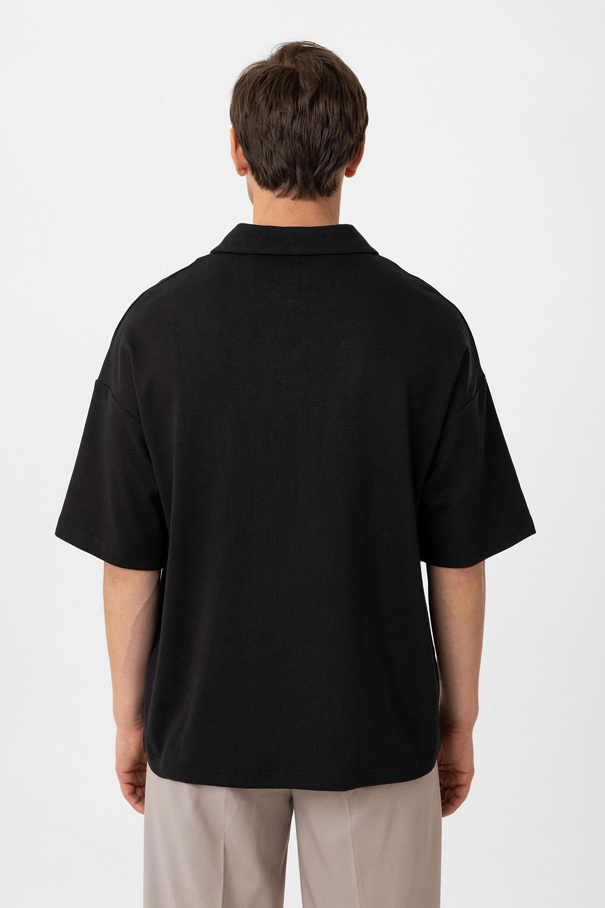 Antioch-Siyah Oversize Polo Yaka Fermuarlı Erkek T Shirt-T-Shirts-5-Milagron.com