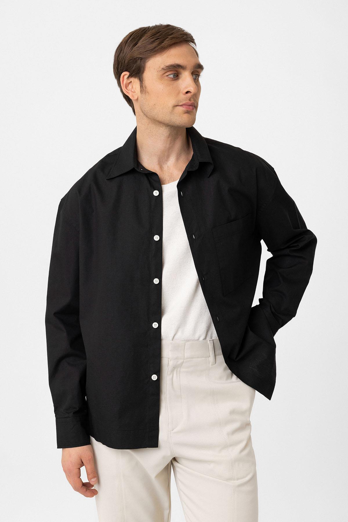 Antioch-Siyah Pamuklu Relaxed Erkek Gömlek-Gömlek-1-Milagron.com