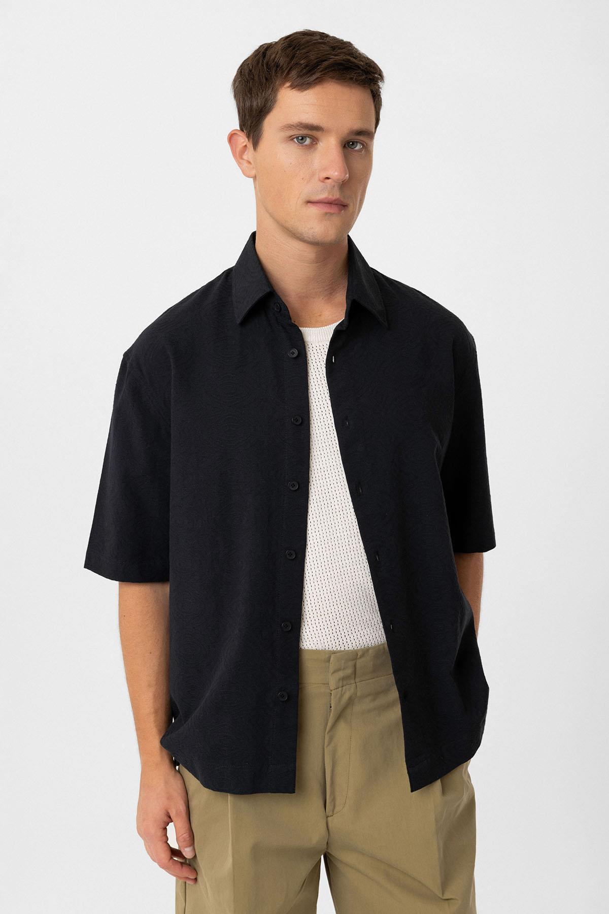 Antioch-Siyah Pamuklu Relaxed Kısa Kollu Erkek Gömlek-Gömlek-3-Milagron.com