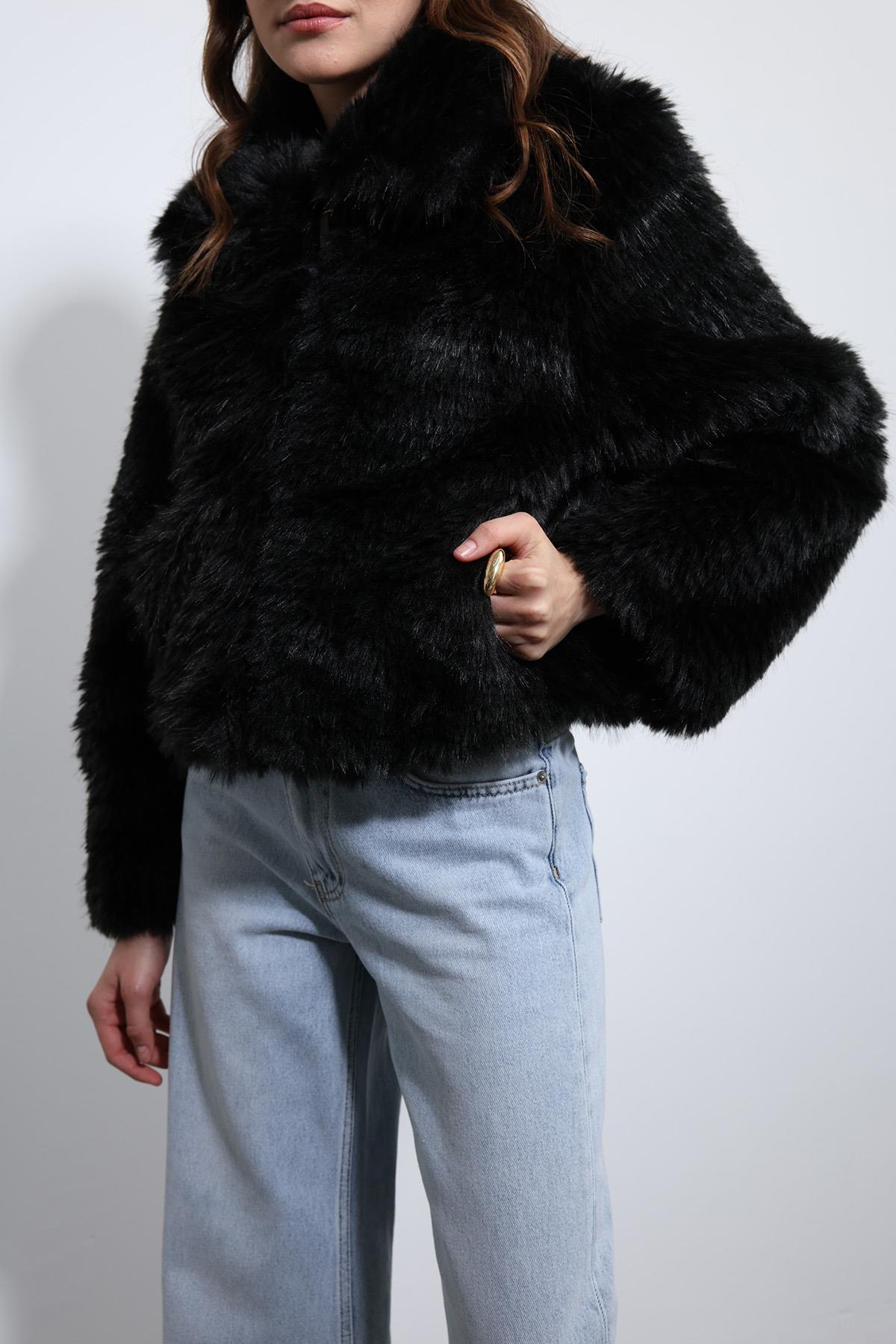 Antioch-Siyah Peluş Görünümlü Mont-Mont-4-Milagron.com