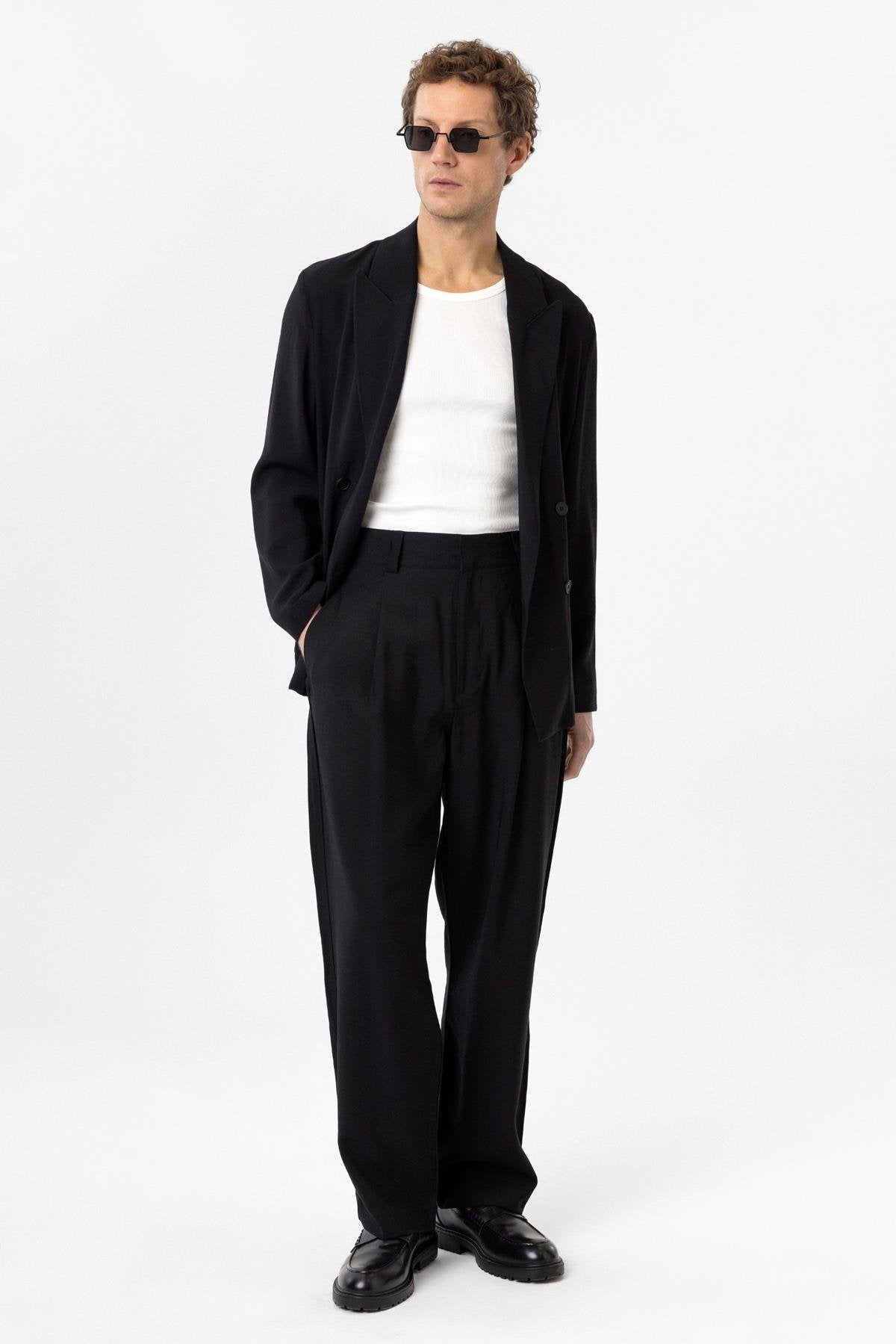 Antioch-Siyah Pileli Baggy Fit Erkek Pantolon-Kumaş Pantolon-4-Milagron.com