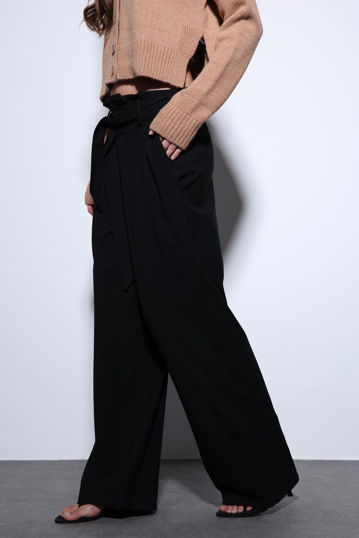 Antioch-Antioch Siyah Pileli Geniş Kadın Pantolon-Kumaş Pantolon-3-Milagron.com