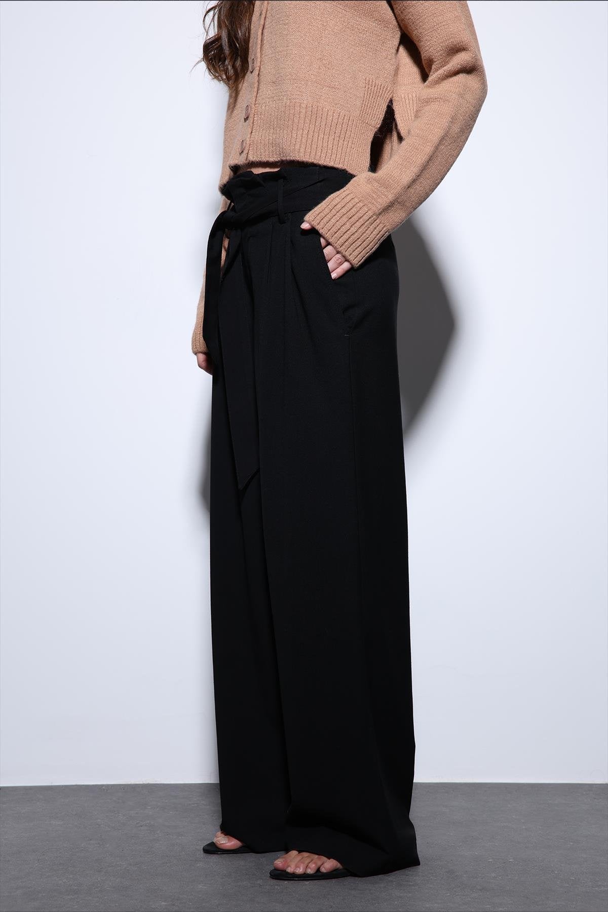 Antioch-Antioch Siyah Pileli Geniş Kadın Pantolon-Kumaş Pantolon-4-Milagron.com