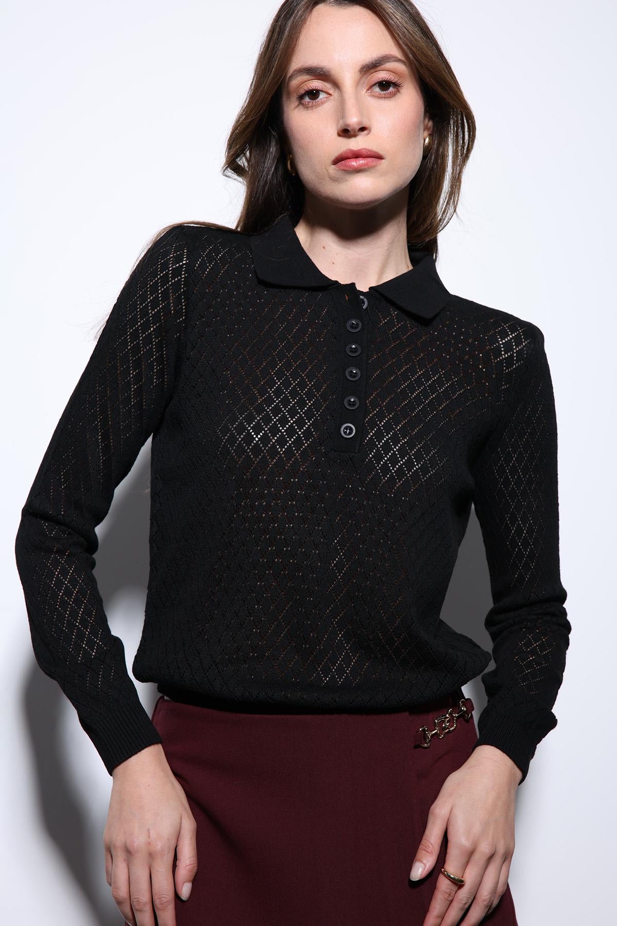 Antioch-Siyah Polo Yaka Desenli Triko Kadın Kazak-Kazak-3-Milagron.com