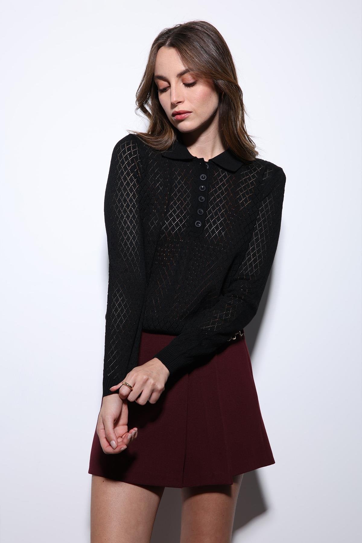 Antioch-Siyah Polo Yaka Desenli Triko Kadın Kazak-Kazak-4-Milagron.com