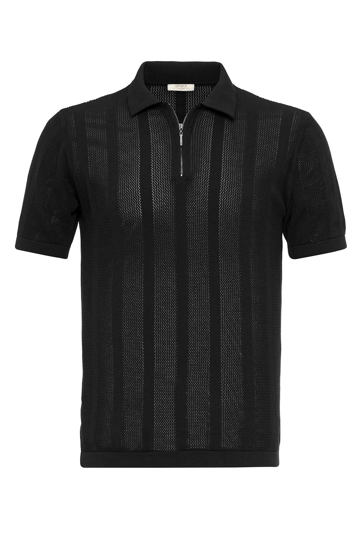Antioch-Siyah Polo Yaka Fermuarlı Örme Erkek T Shirt-T-Shirts-5-Milagron.com