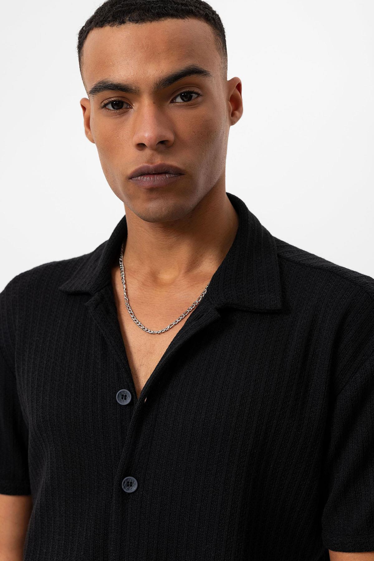 Antioch-Siyah Polo Yaka örme Kısa Kollu Erkek Gömlek-Gömlek-4-Milagron.com