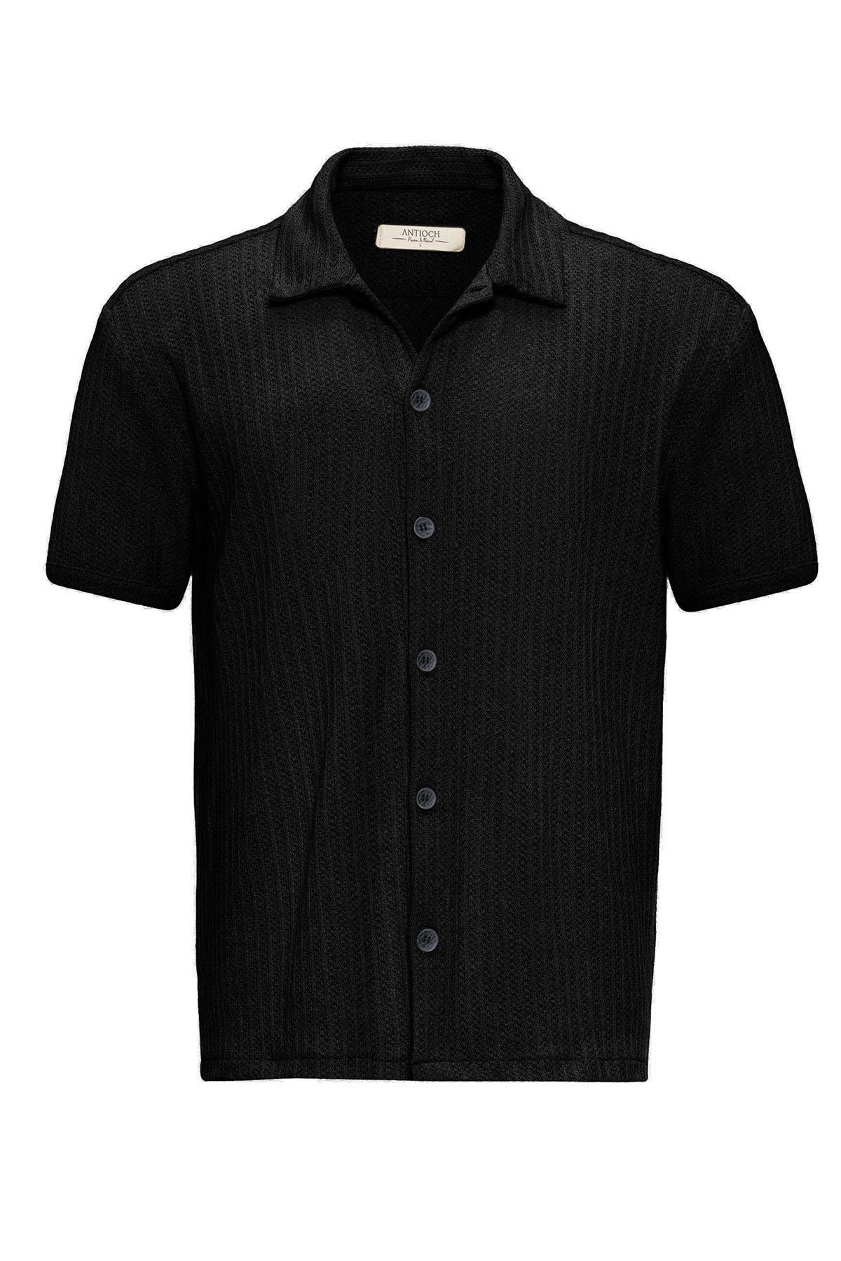 Antioch-Siyah Polo Yaka örme Kısa Kollu Erkek Gömlek-Gömlek-6-Milagron.com
