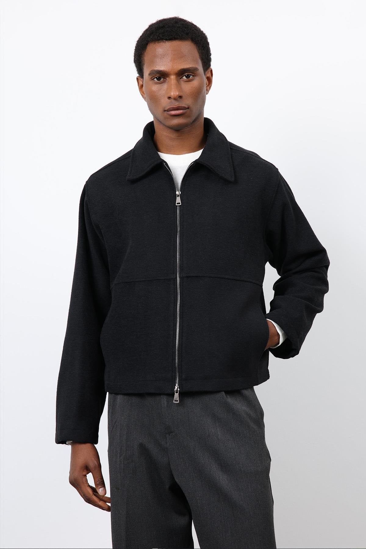 Antioch-Siyah Regular Fit Dokulu Erkek Mont-Mont-4-Milagron.com