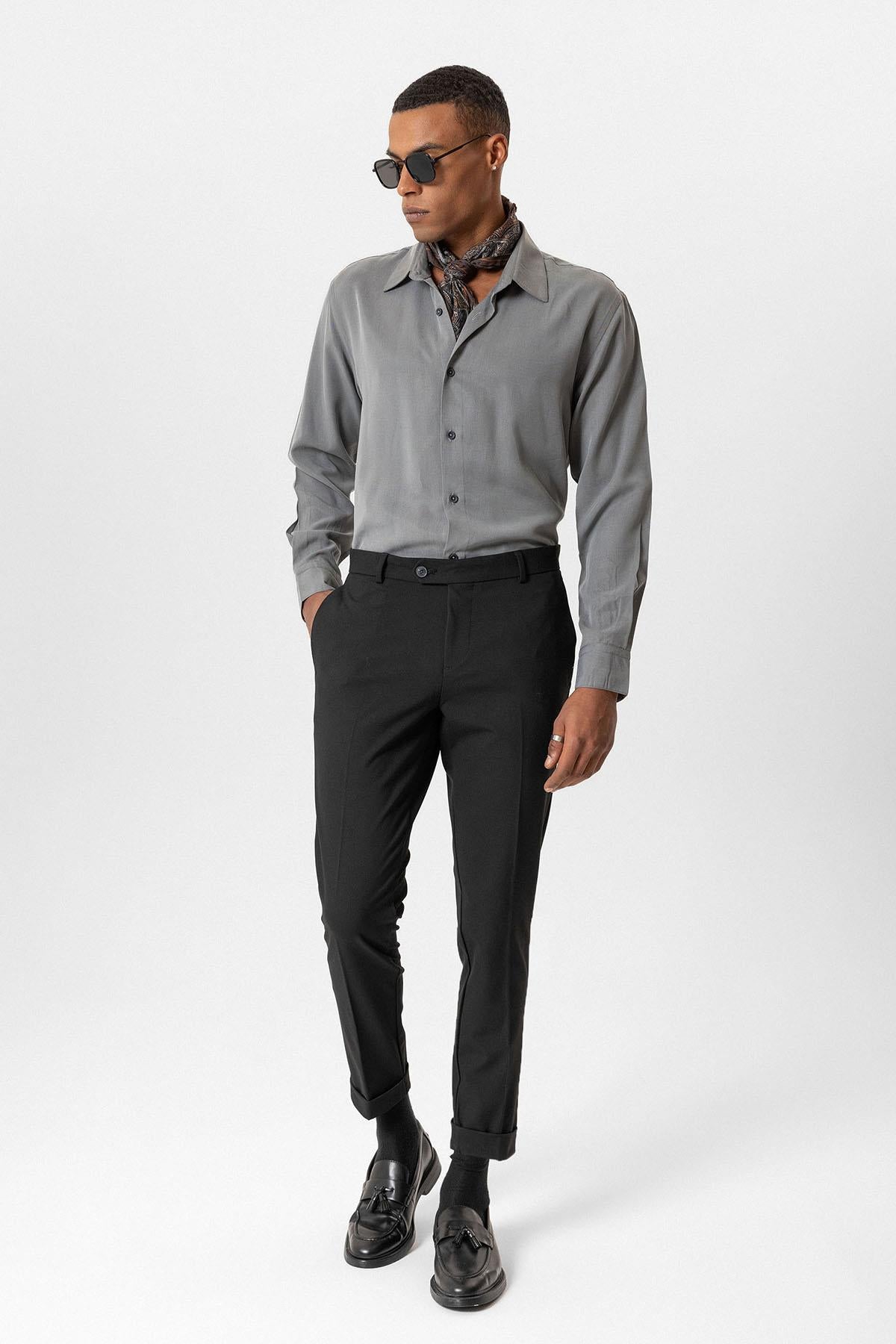 Antioch-Siyah Regular Fit Duble Paça Erkek Pantolon-Kumaş Pantolon-2-Milagron.com