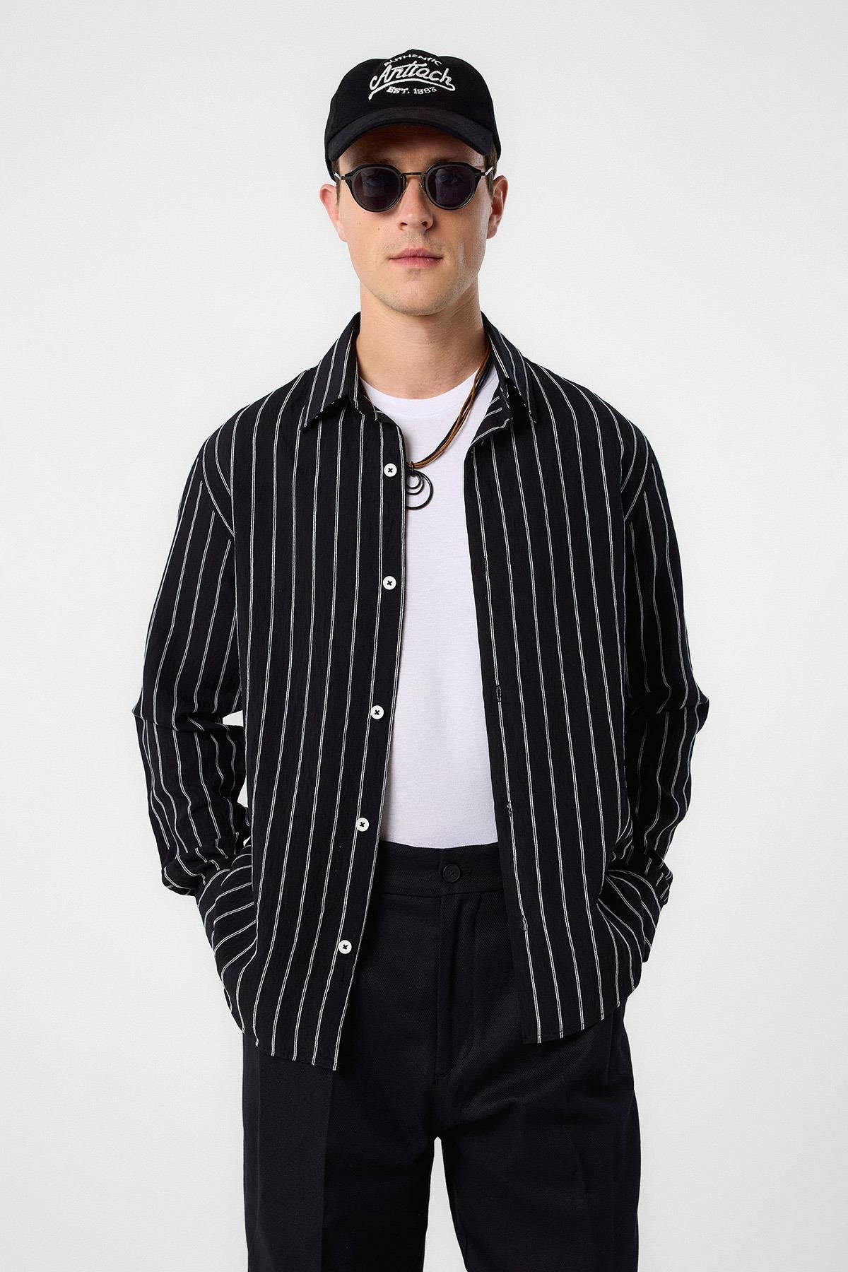 Antioch-Siyah Relax Fit Çizgili Erkek Gömlek-Gömlek-1-Milagron.com