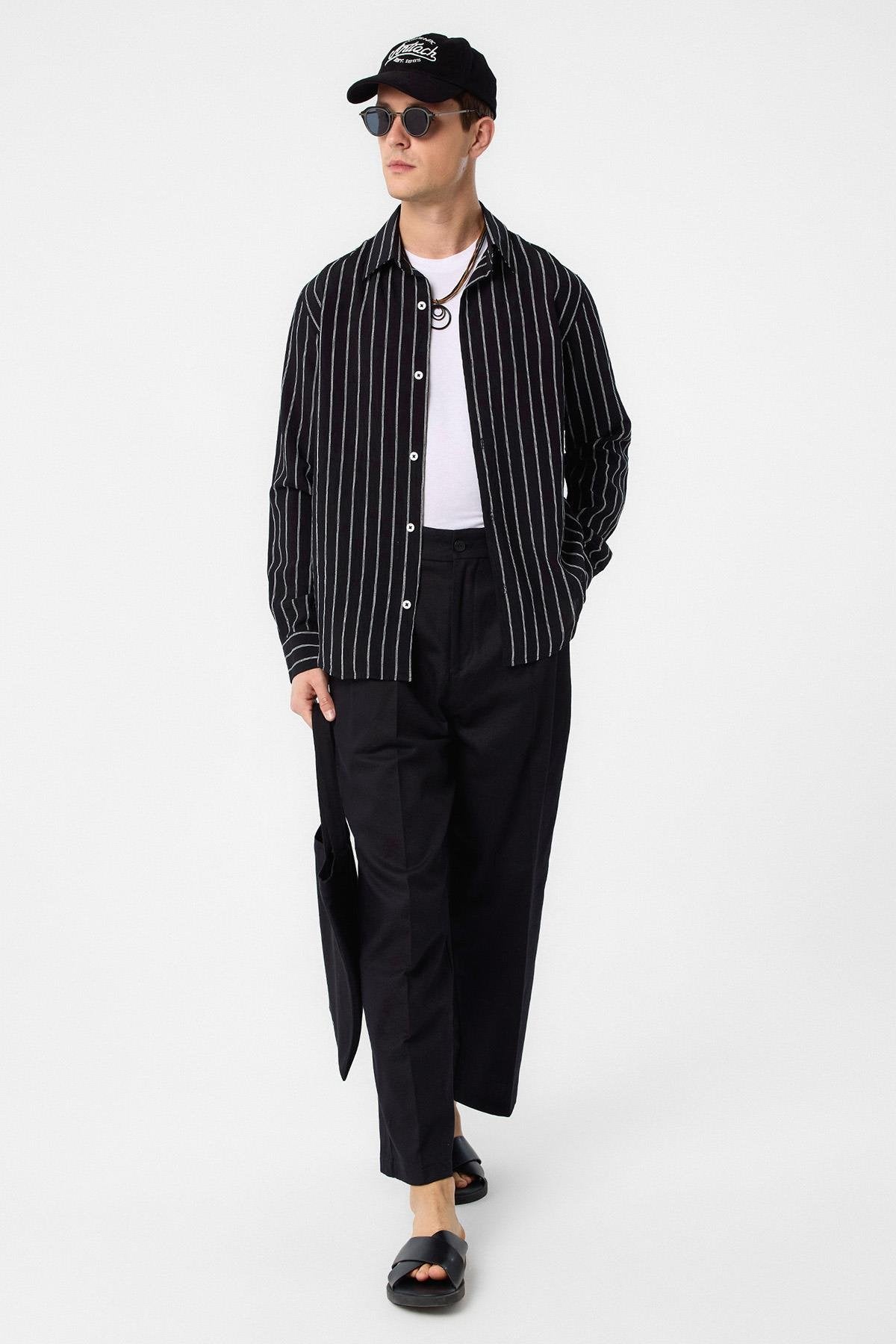 Antioch-Siyah Relax Fit Çizgili Erkek Gömlek-Gömlek-3-Milagron.com