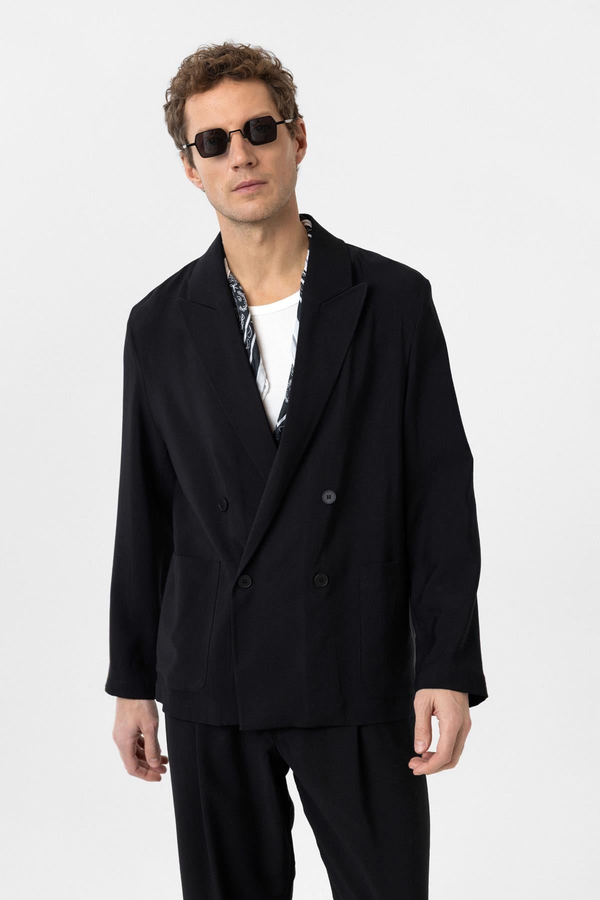 Antioch-Siyah Relax Fit Diagonel İnce Erkek Blazer Ceket-Blazer Ceket-2-Milagron.com