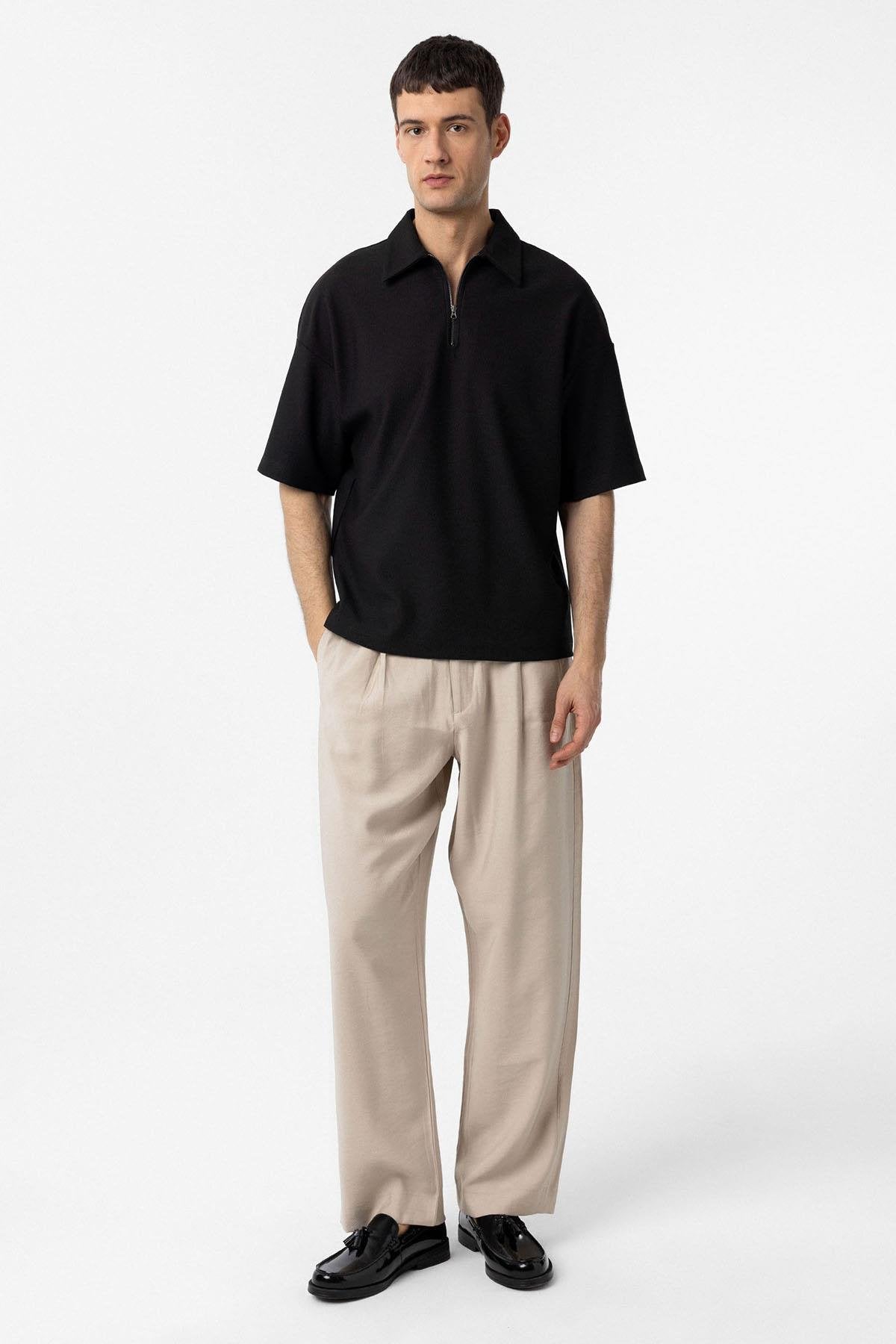 Antioch-Siyah Relax Fit Fermuarlı Polo Yaka Erkek T Shirt-T-Shirts-2-Milagron.com