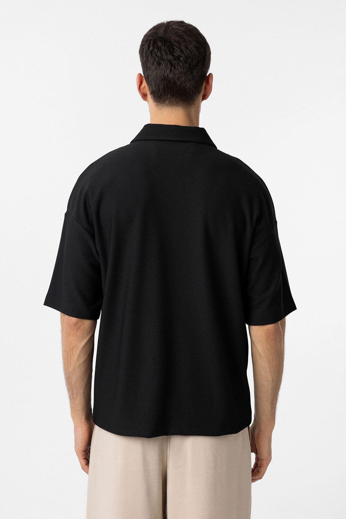 Antioch-Siyah Relax Fit Fermuarlı Polo Yaka Erkek T Shirt-T-Shirts-3-Milagron.com