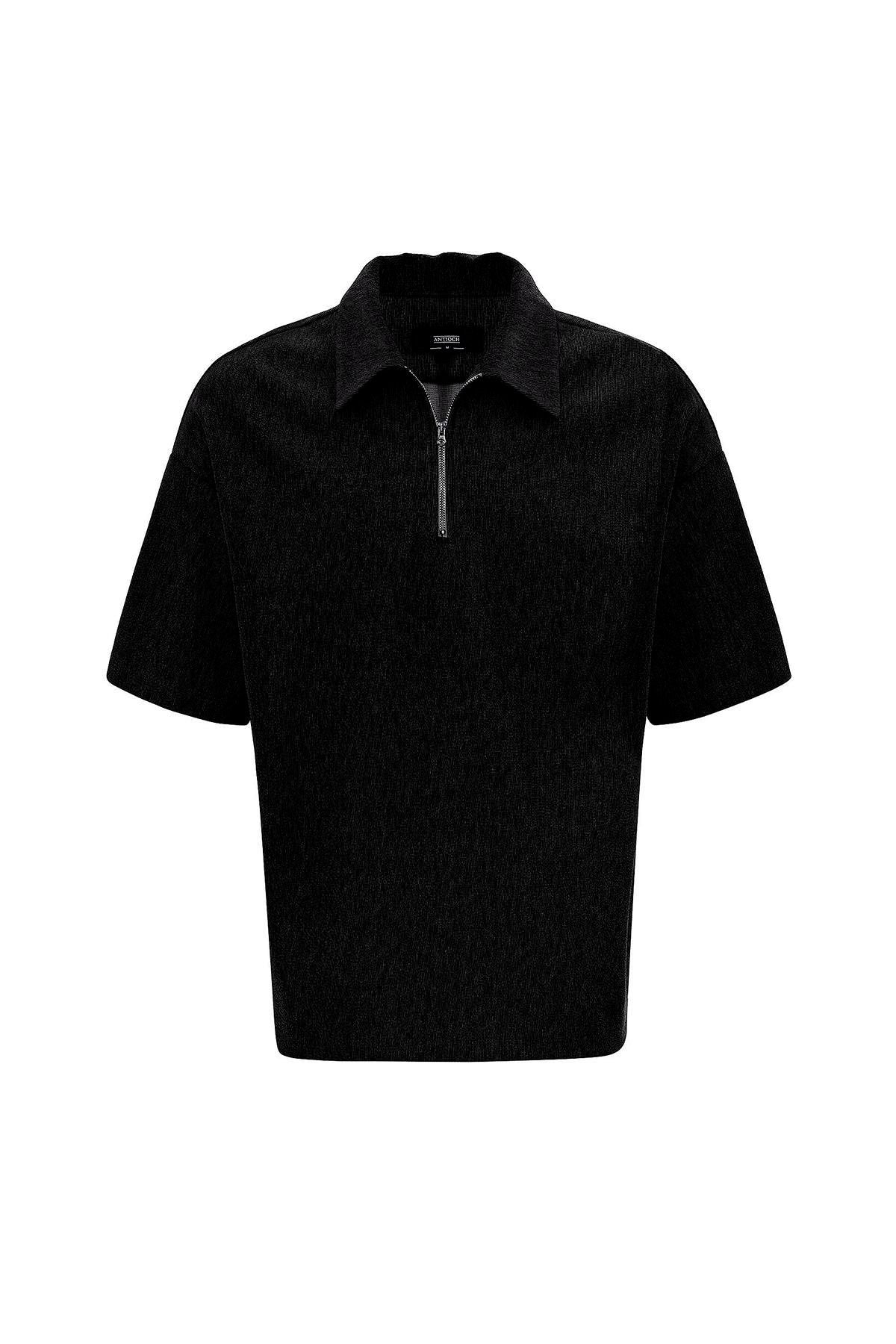 Antioch-Siyah Relax Fit Fermuarlı Polo Yaka Erkek T Shirt-T-Shirts-4-Milagron.com