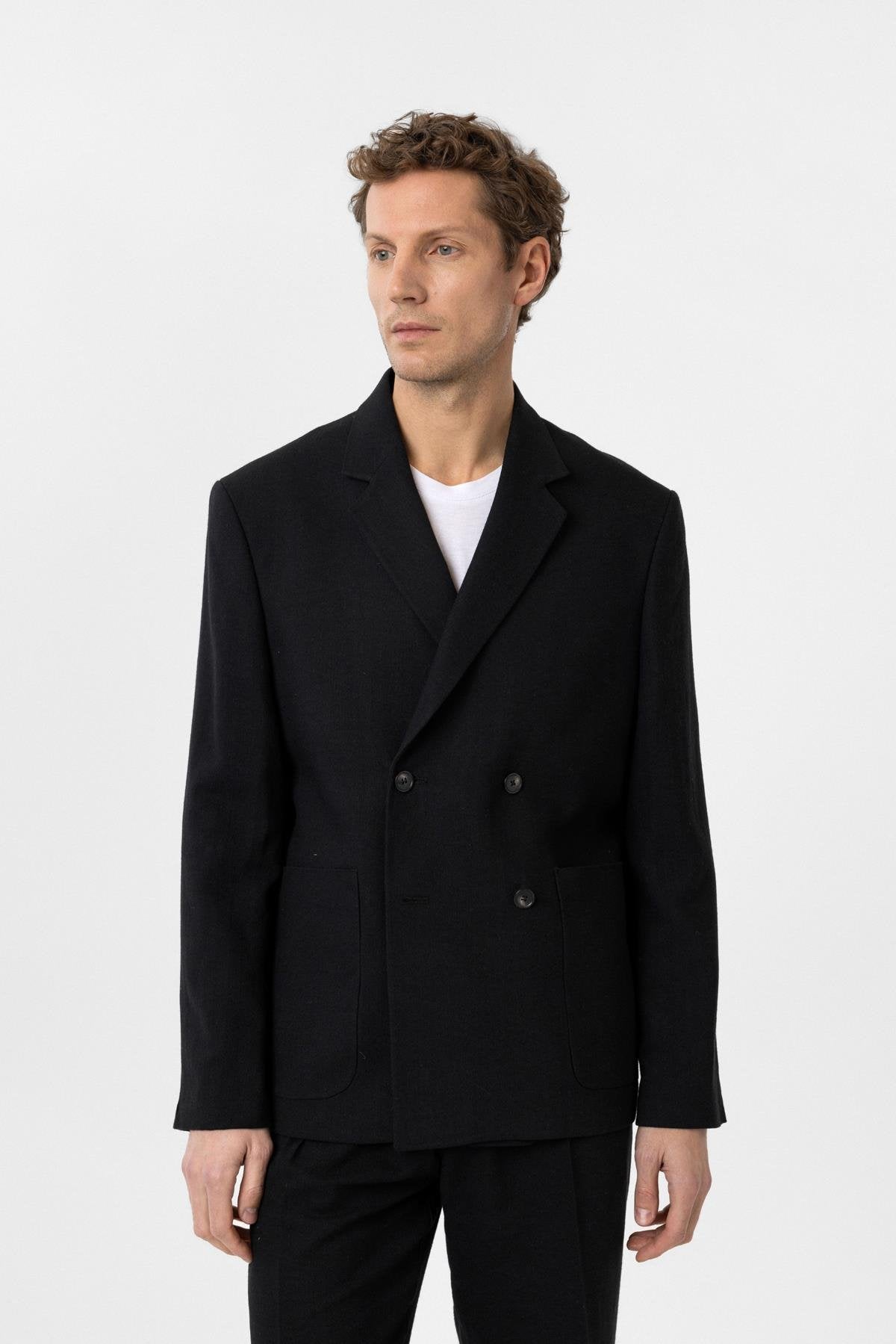 Antioch-Siyah Relax Fit Keten Karışımlı Erkek Blazer Ceket-Blazer Ceket-1-Milagron.com