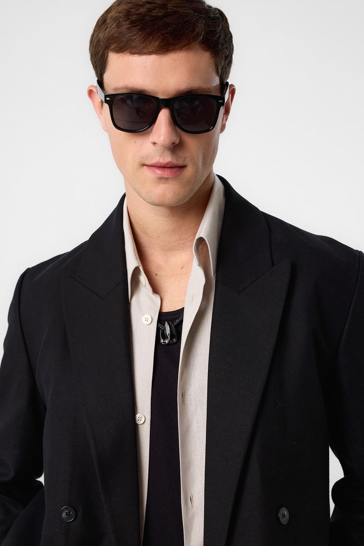 Antioch-Siyah Relax Fit Keten Karışımlı Erkek Blazer Ceket-Blazer Ceket-3-Milagron.com