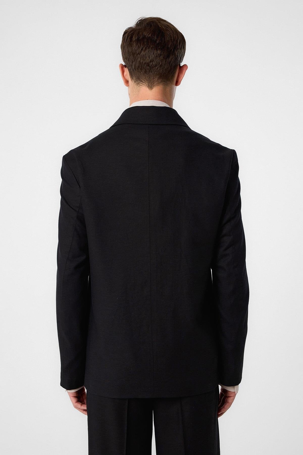 Antioch-Siyah Relax Fit Keten Karışımlı Erkek Blazer Ceket-Blazer Ceket-4-Milagron.com