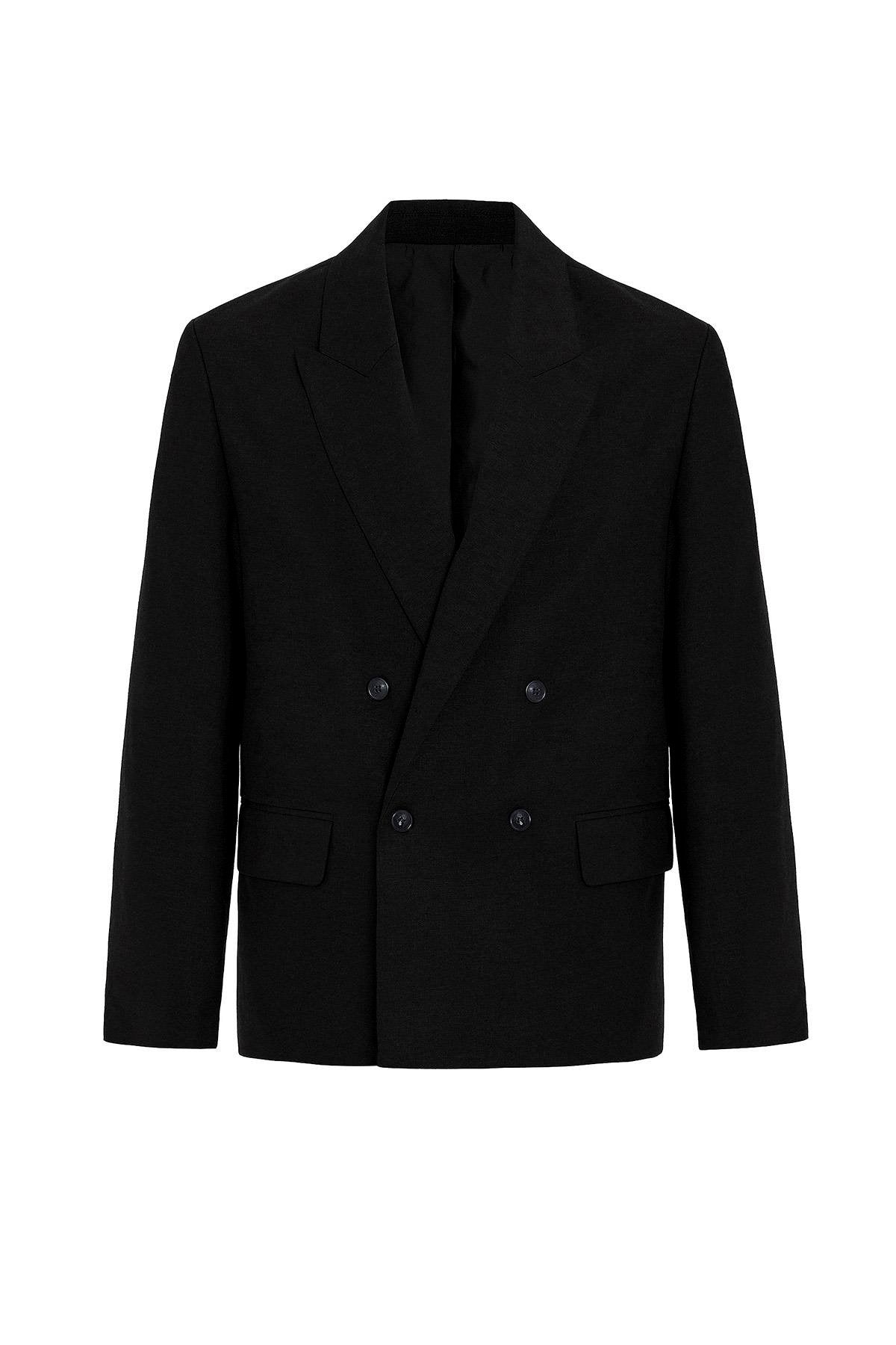 Antioch-Siyah Relax Fit Keten Karışımlı Erkek Blazer Ceket-Blazer Ceket-5-Milagron.com