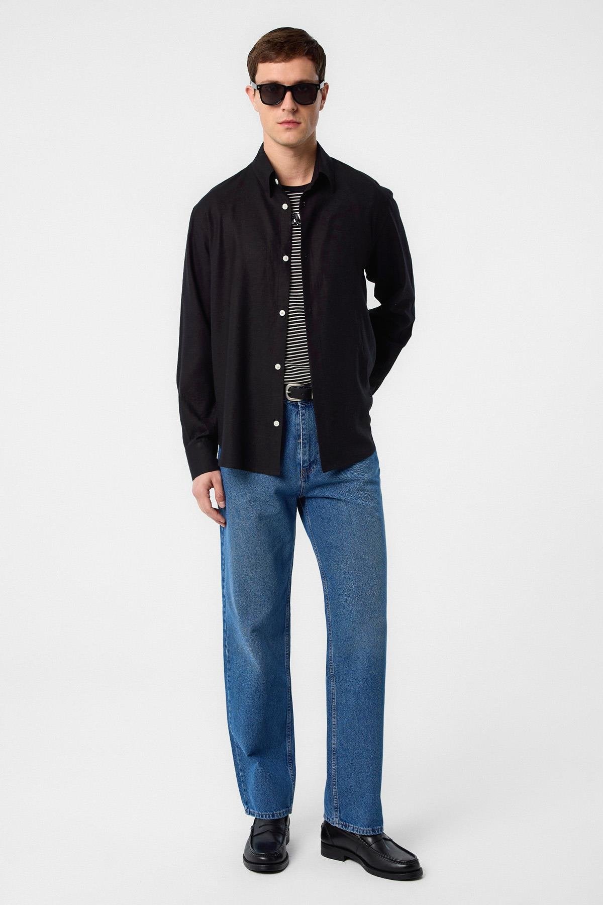 Antioch-Siyah Relax Fit Keten Karışımlı Erkek Gömlek-Gömlek-2-Milagron.com