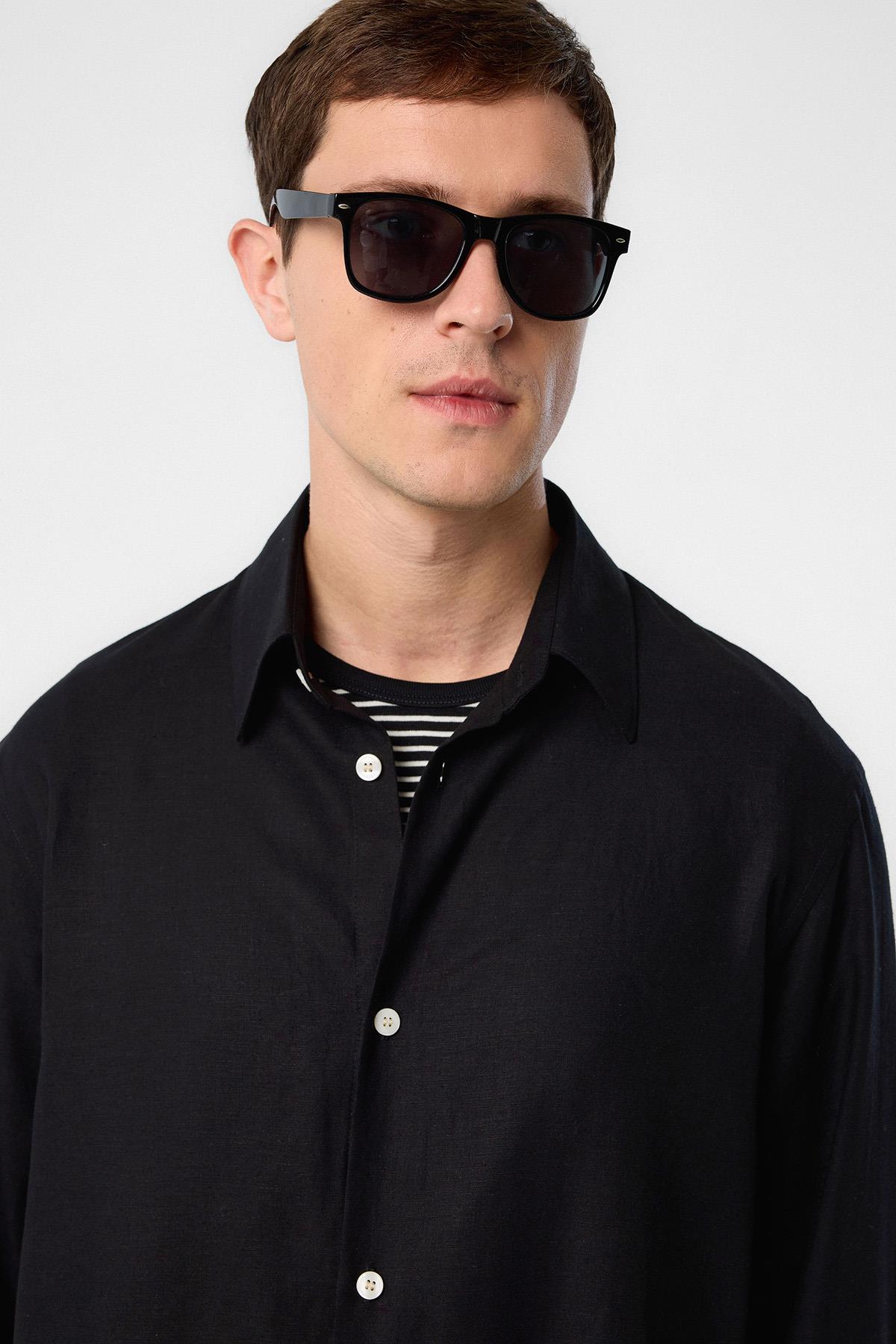 Antioch-Siyah Relax Fit Keten Karışımlı Erkek Gömlek-Gömlek-3-Milagron.com