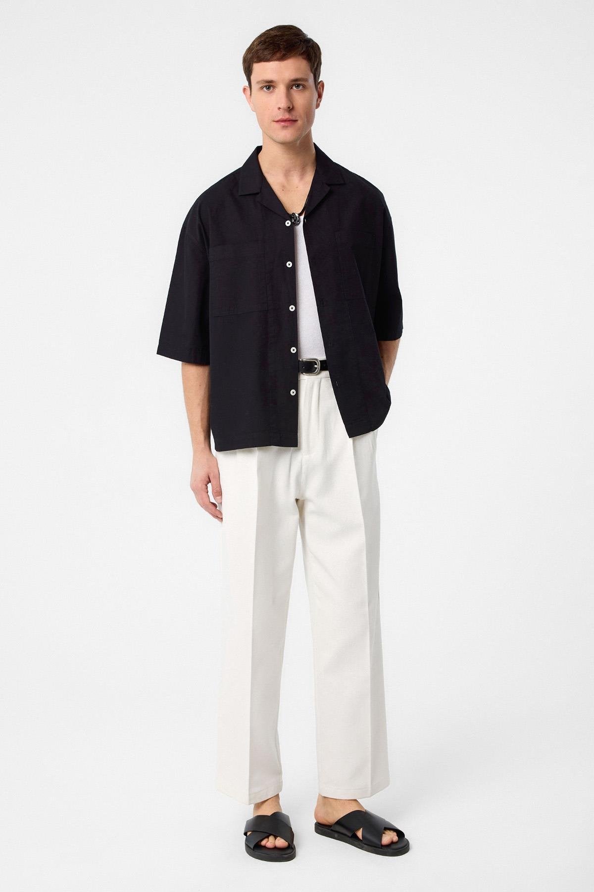 Antioch-Siyah Relax Fit Kısa Erkek Gömlek-Gömlek-2-Milagron.com