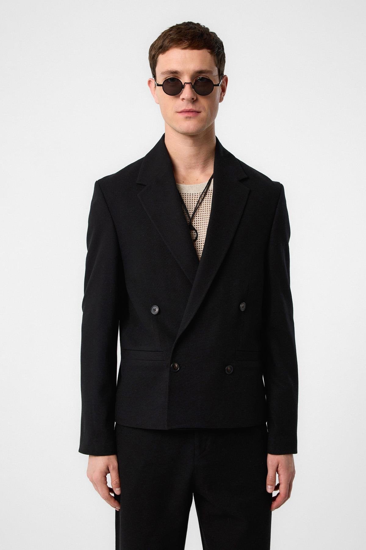 Antioch-Siyah Relax Fit Kruvaze Crop Erkek Blazer Ceket-Blazer Ceket-1-Milagron.com