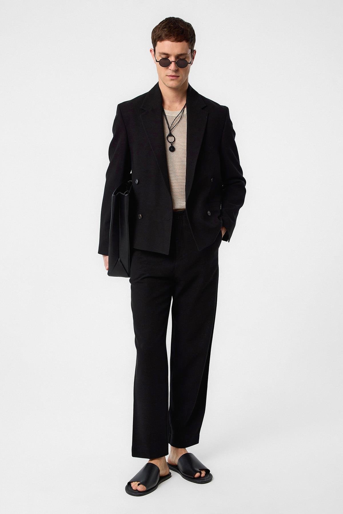 Antioch-Siyah Relax Fit Kruvaze Crop Erkek Blazer Ceket-Blazer Ceket-2-Milagron.com