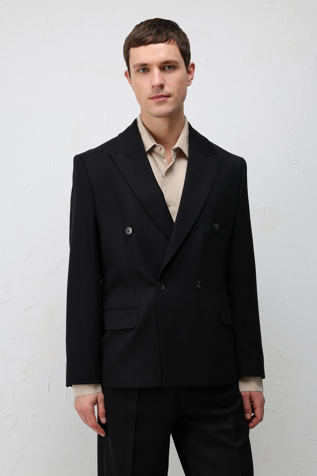 Antioch Siyah Relax Fit Kruvaze Erkek Blazer Ceket