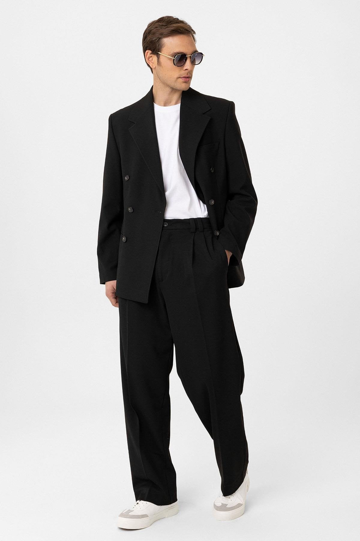 Antioch-Siyah Relax Fit Kruvaze Erkek Blazer Ceket-Ceket-4-Milagron.com