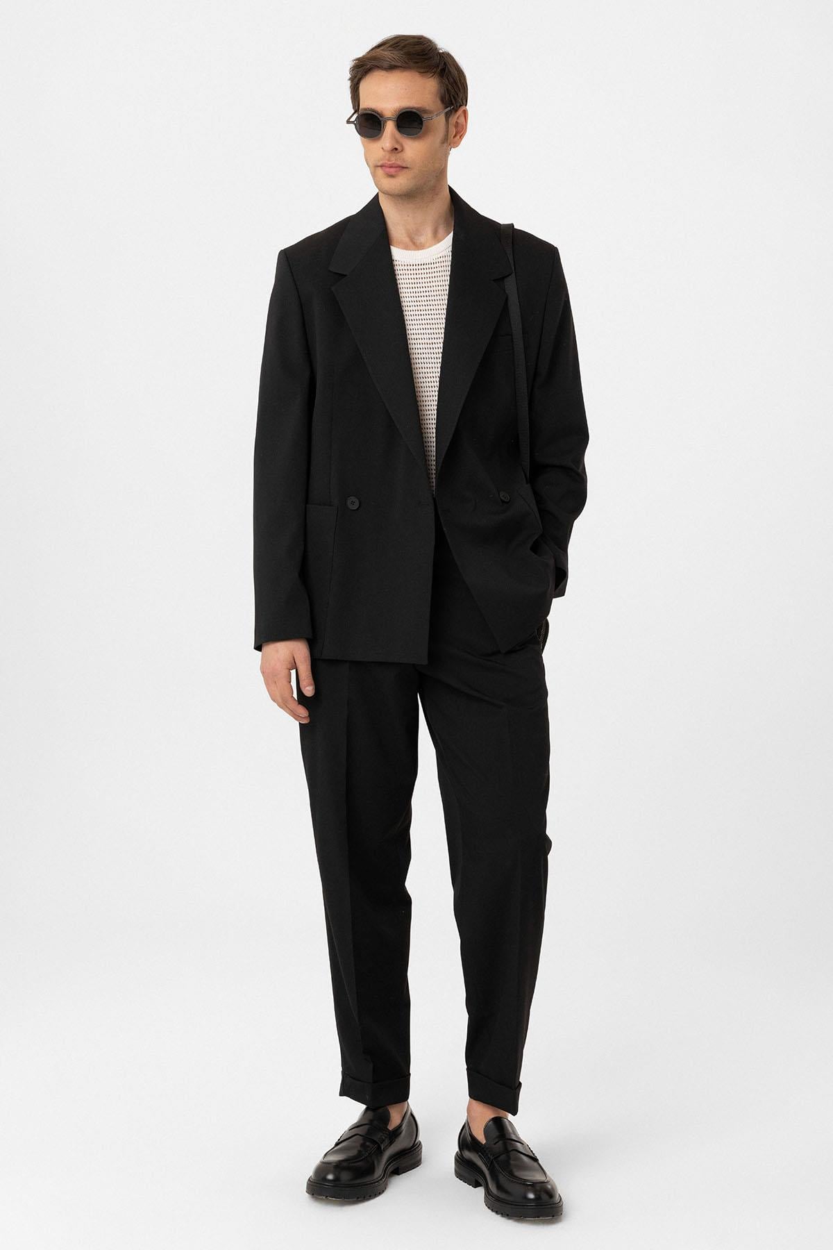 Antioch Siyah Relax Fit Kruvaze Kapama Erkek Teknik Blazer Ceket