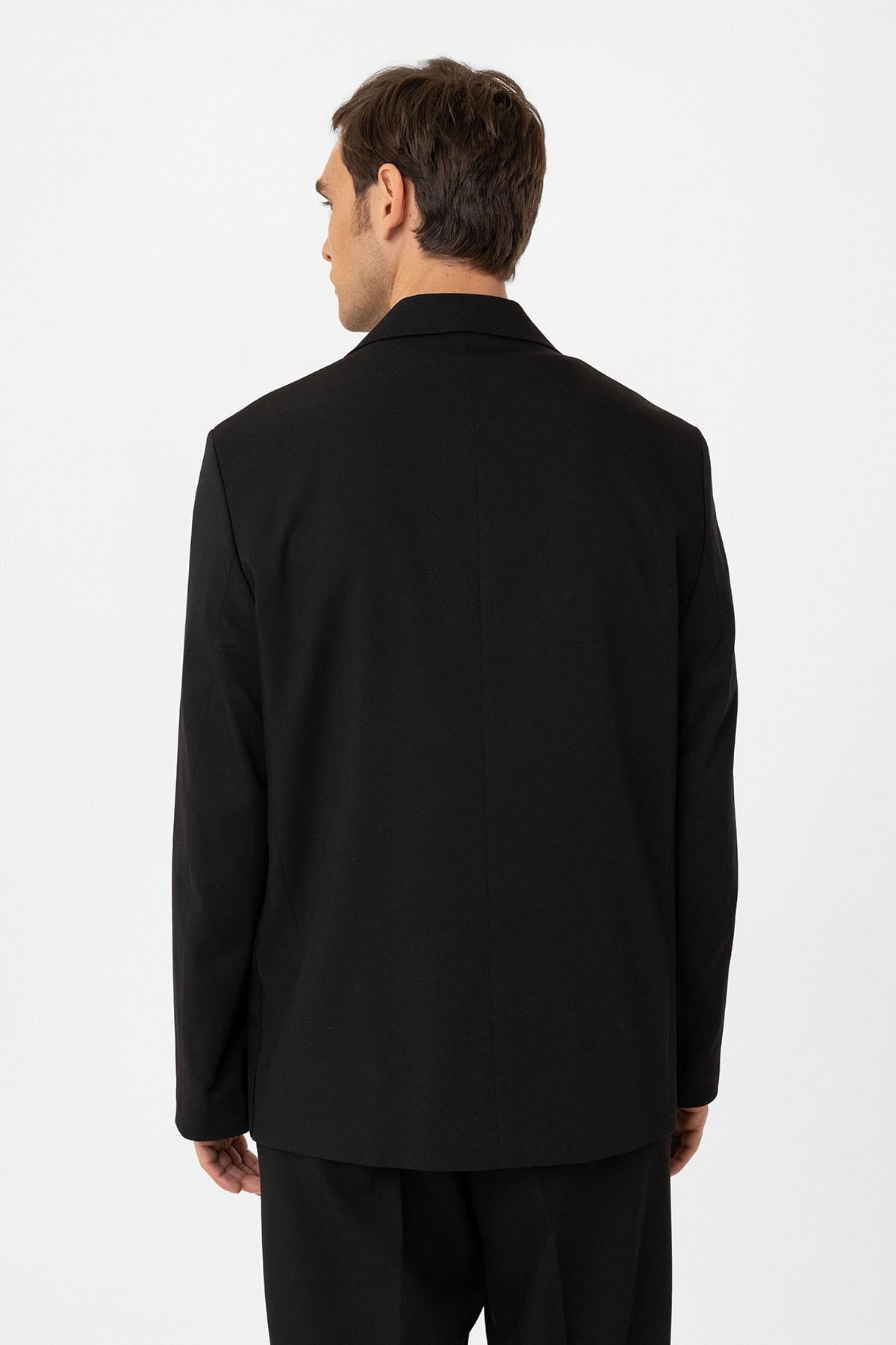 Antioch Siyah Relax Fit Kruvaze Kapama Erkek Teknik Blazer Ceket