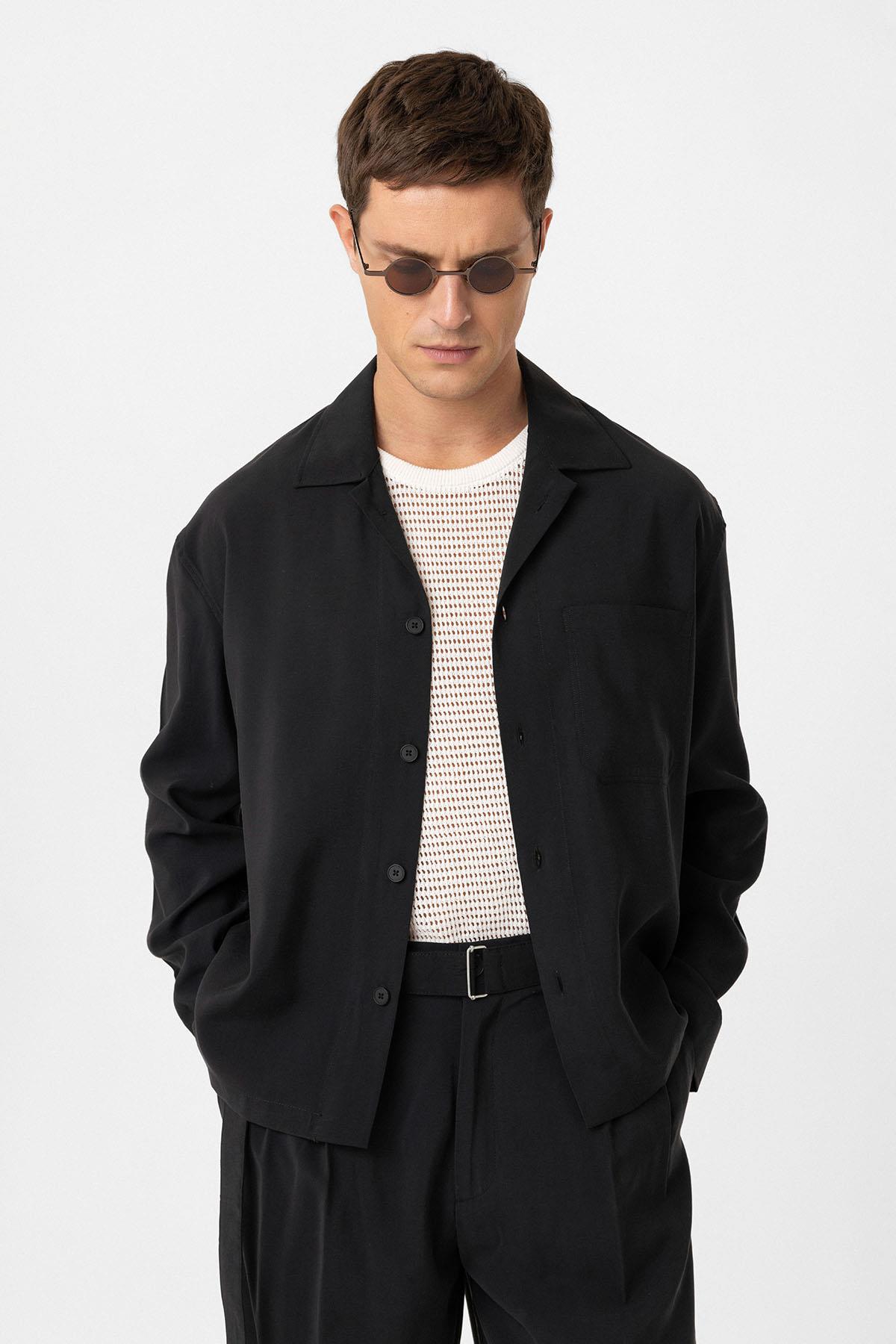 Antioch-Siyah Relax Fit Modal Kumaş Erkek Gömlek-Gömlek-1-Milagron.com