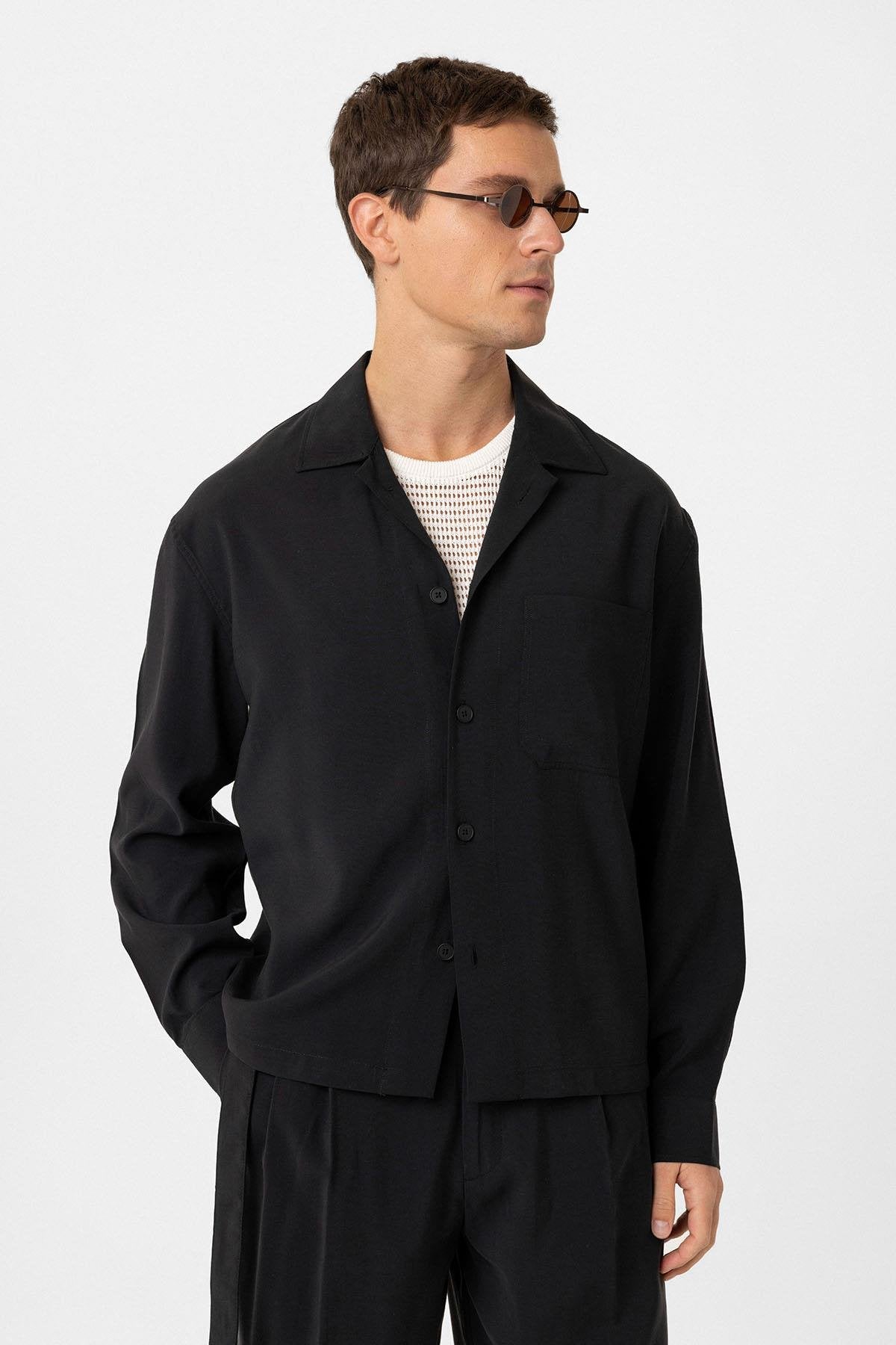 Antioch-Siyah Relax Fit Modal Kumaş Erkek Gömlek-Gömlek-3-Milagron.com