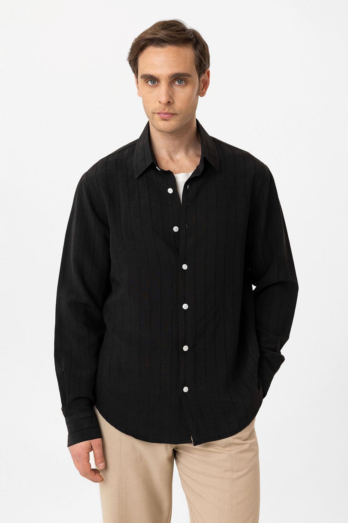 Antioch-Siyah Relax Fit çizgili Erkek Gömlek-Gömlek-1-Milagron.com