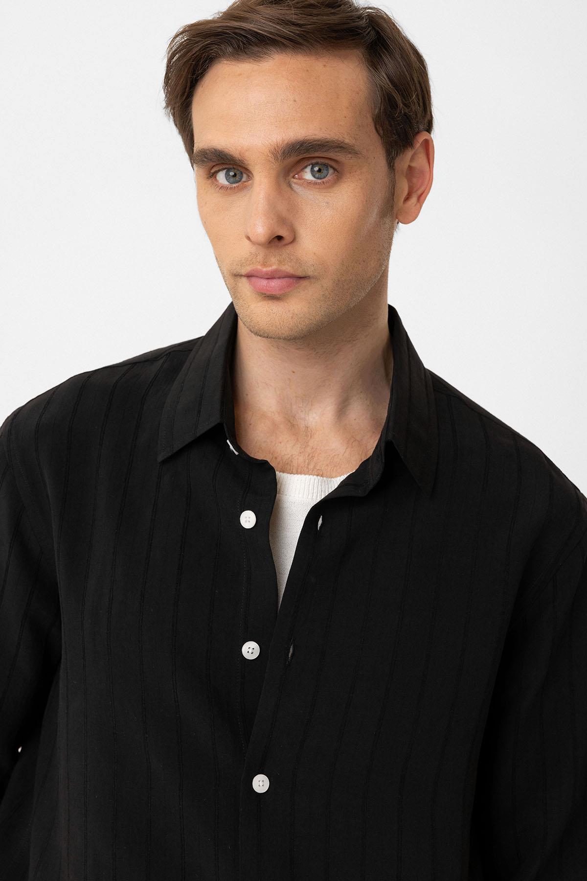 Antioch-Siyah Relax Fit çizgili Erkek Gömlek-Gömlek-3-Milagron.com